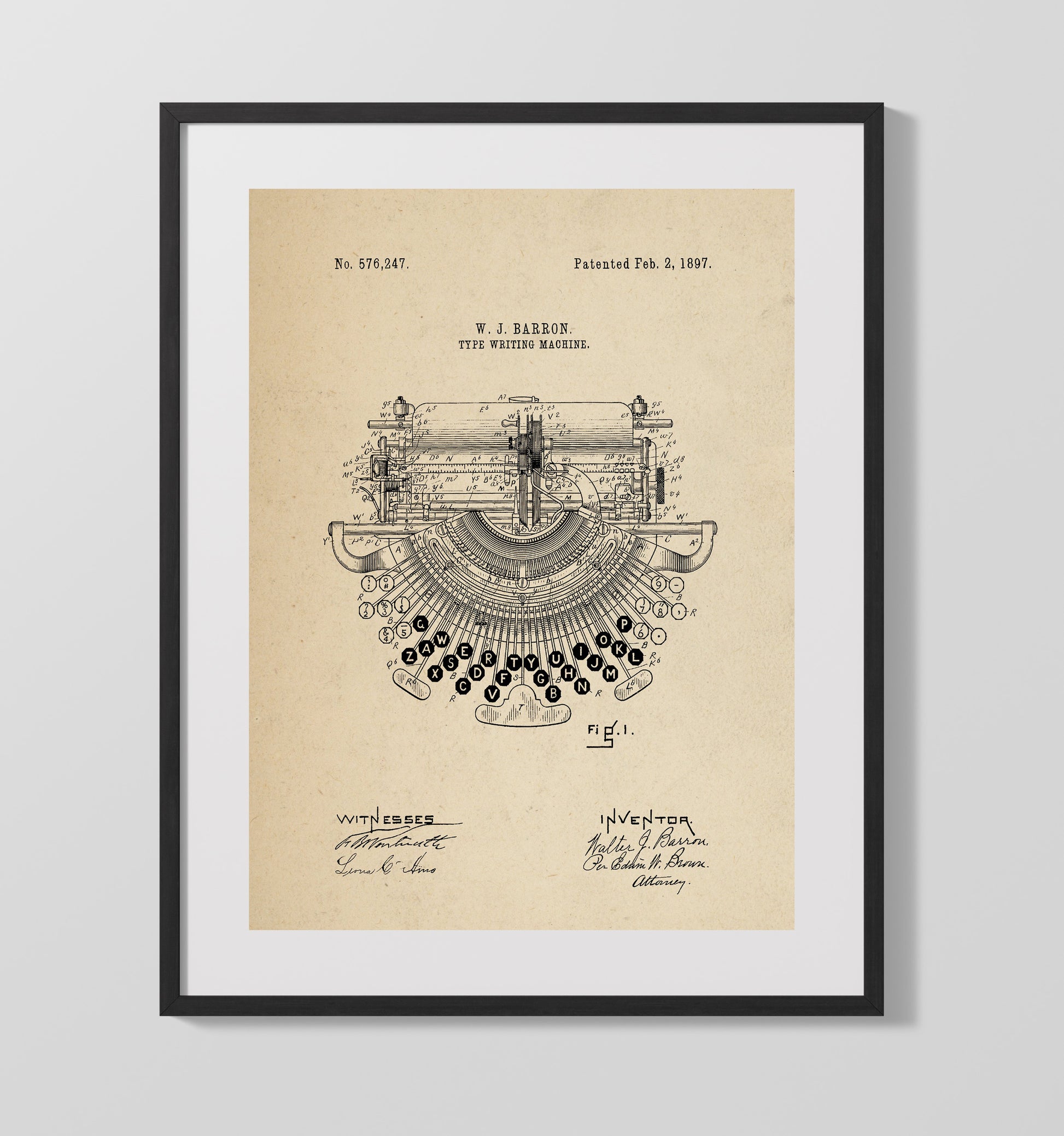 Patent Print - Type Writing Machine - Walter J. Barron - 1897 - Patent 576247 Patent Wall Art
