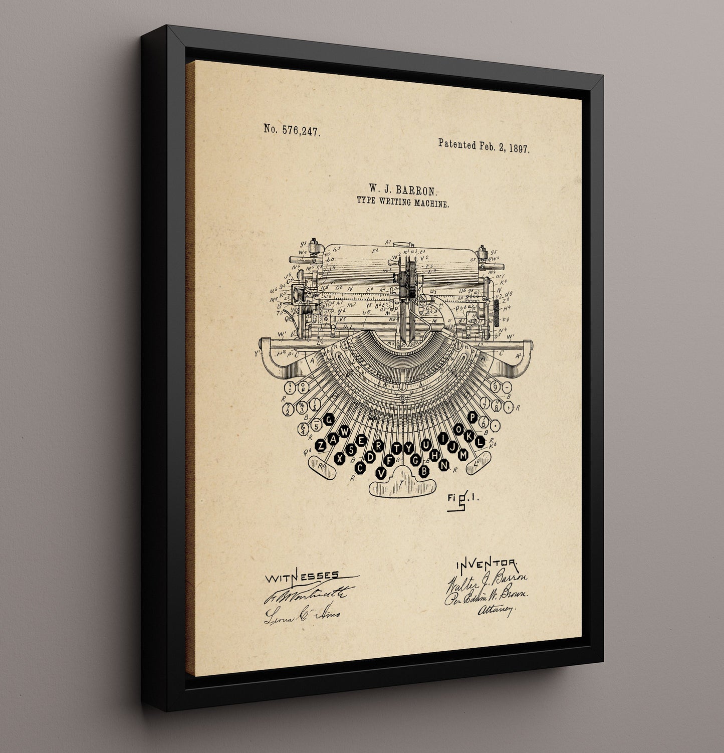Patent Print - Type Writing Machine - Walter J. Barron - 1897 - Patent 576247 Patent Wall Art