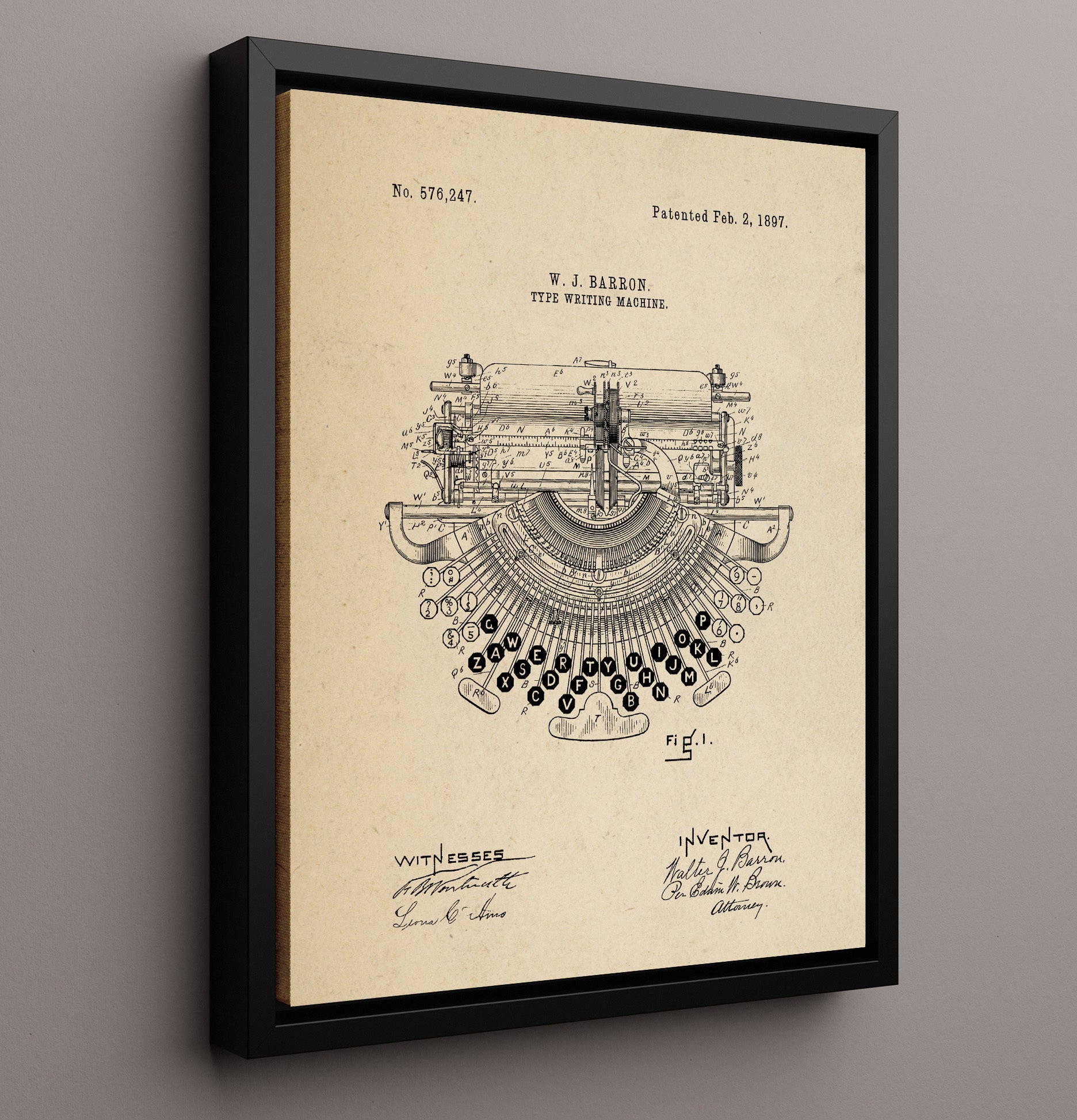 Patent Print - Type Writing Machine - Walter J. Barron - 1897 - Patent 576247 Patent Wall Art