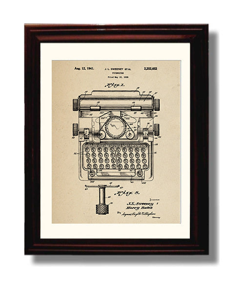 Patent Print - Typewriter - J. L. Sweeney Et Al - 1941 - Patent 2252652 Patent Wall Art