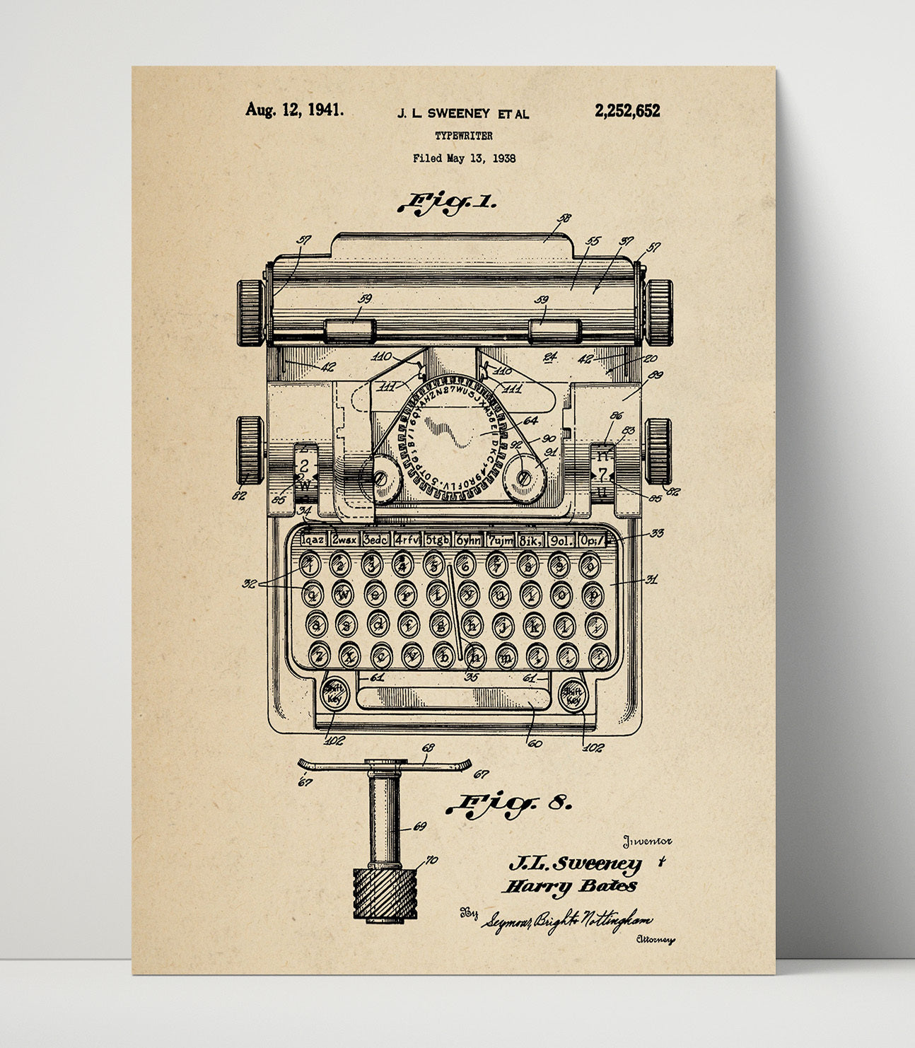 Patent Print - Typewriter - J. L. Sweeney Et Al - 1941 - Patent 2252652 Patent Wall Art