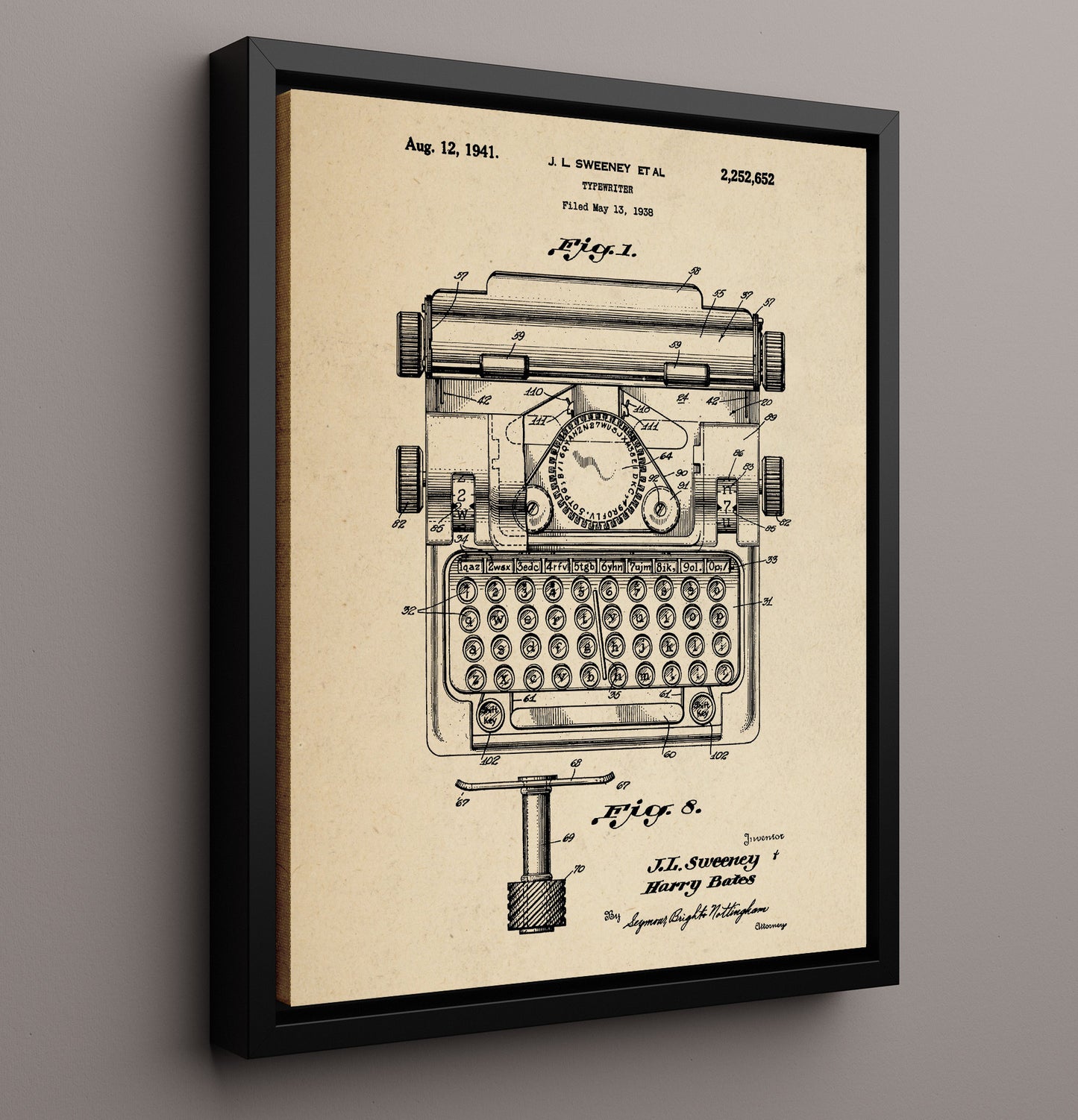Patent Print - Typewriter - J. L. Sweeney Et Al - 1941 - Patent 2252652 Patent Wall Art