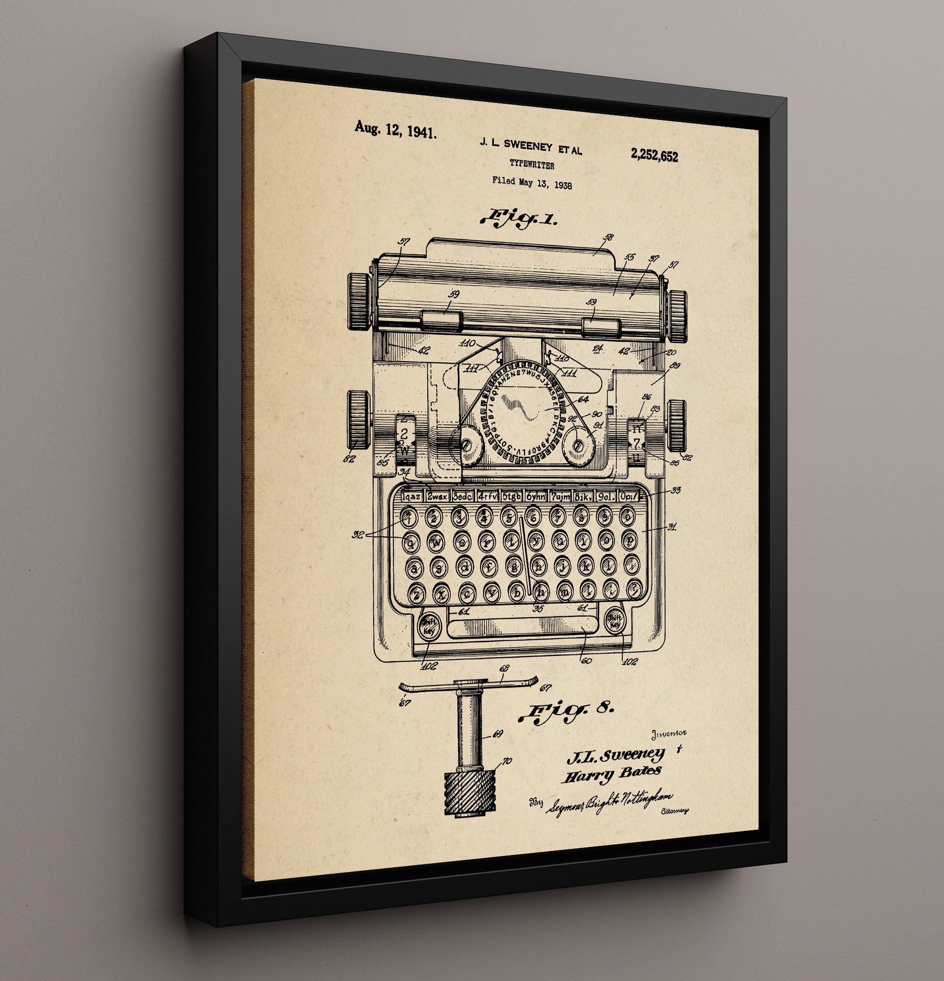 Patent Print - Typewriter - J. L. Sweeney Et Al - 1941 - Patent 2252652 Patent Wall Art