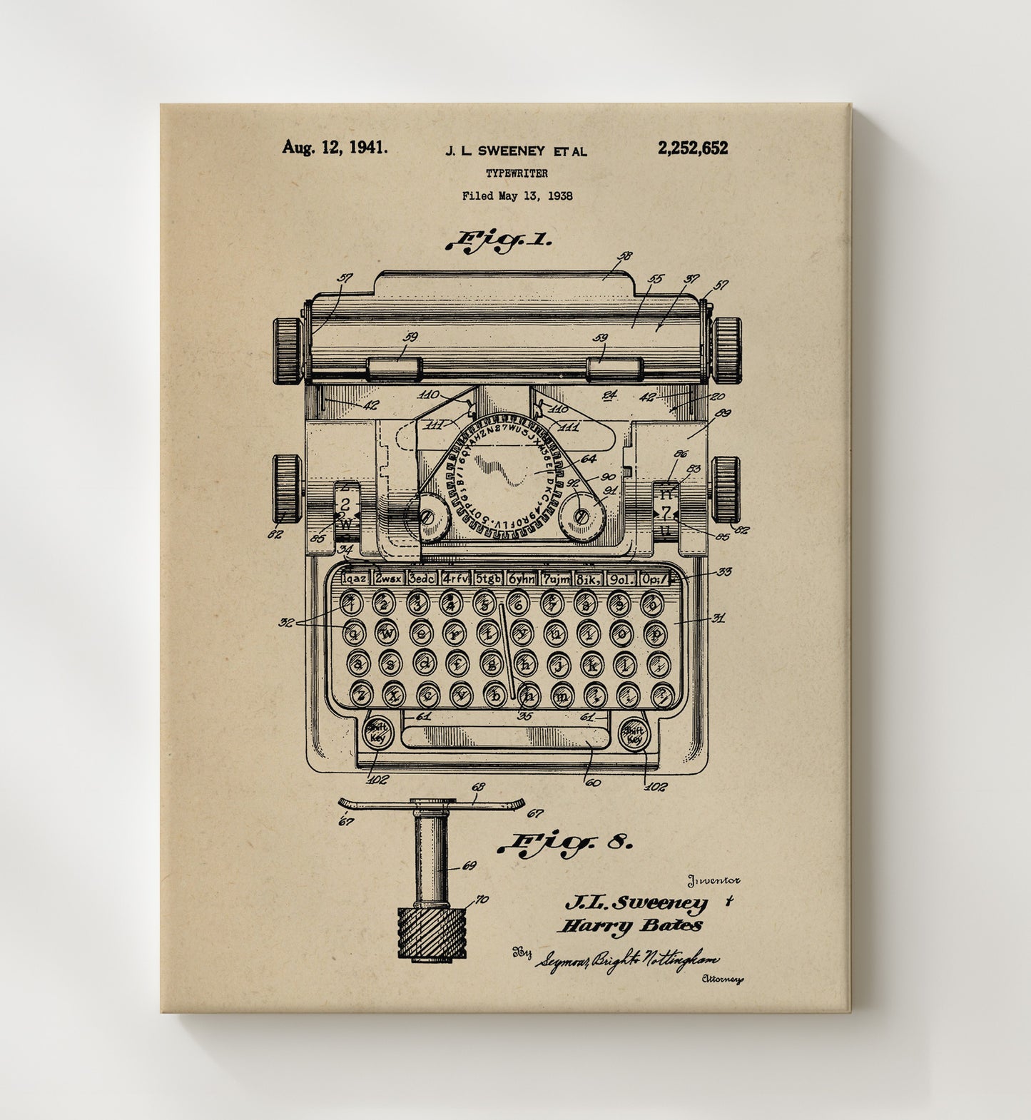 Patent Print - Typewriter - J. L. Sweeney Et Al - 1941 - Patent 2252652 Patent Wall Art