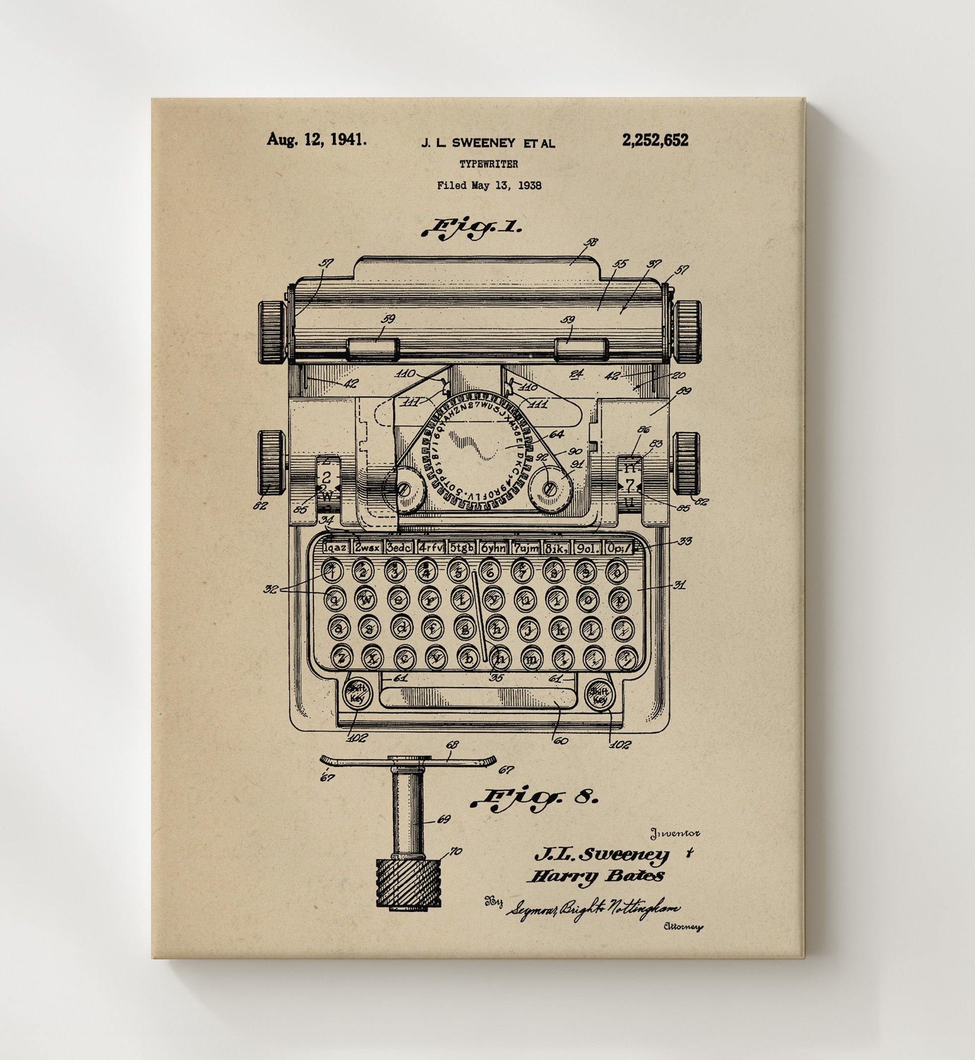 Patent Print - Typewriter - J. L. Sweeney Et Al - 1941 - Patent 2252652 Patent Wall Art