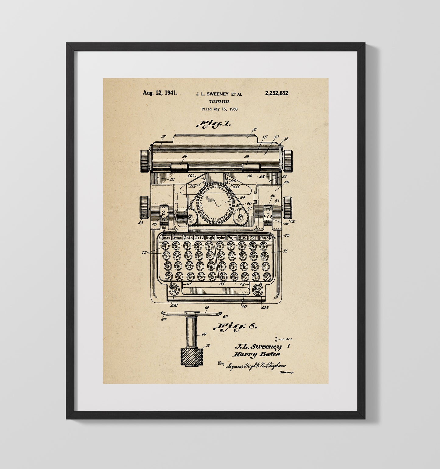 Patent Print - Typewriter - J. L. Sweeney Et Al - 1941 - Patent 2252652 Patent Wall Art