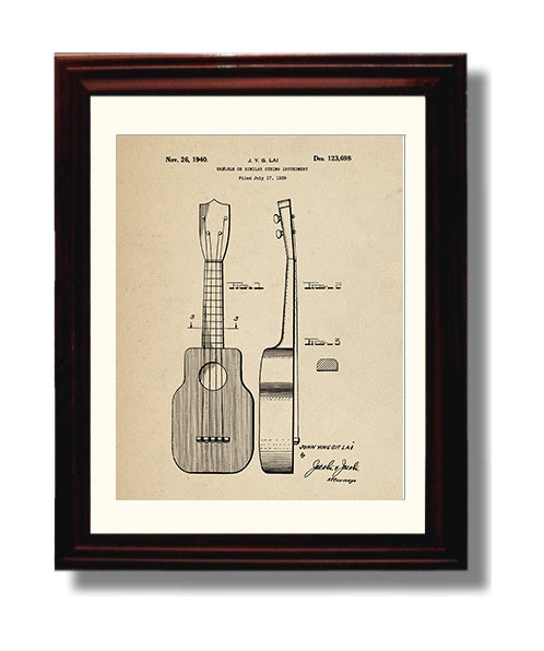 Patent Print - Ukulele - John Ying Git Lai - 1940 - Patent 123698 Patent Wall Art