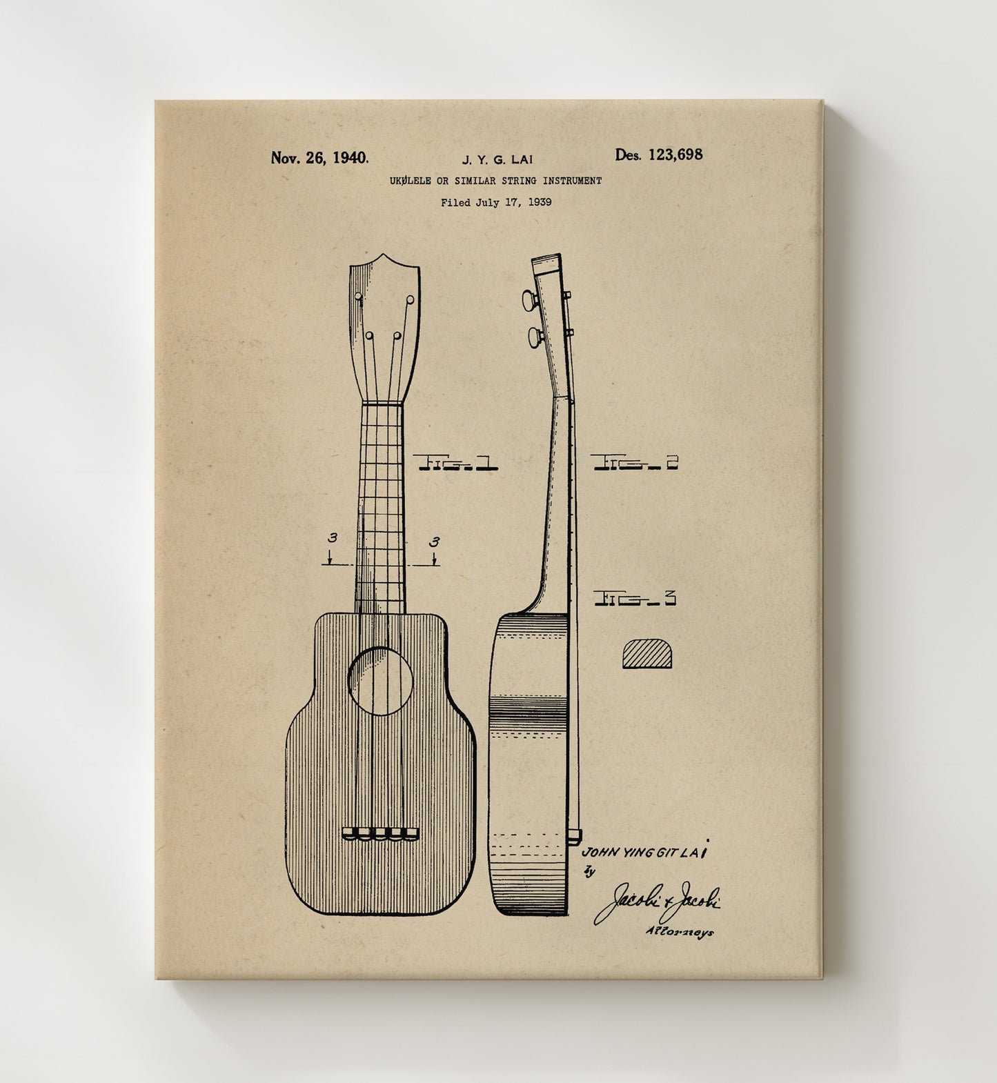 Patent Print - Ukulele - John Ying Git Lai - 1940 - Patent 123698 Patent Wall Art