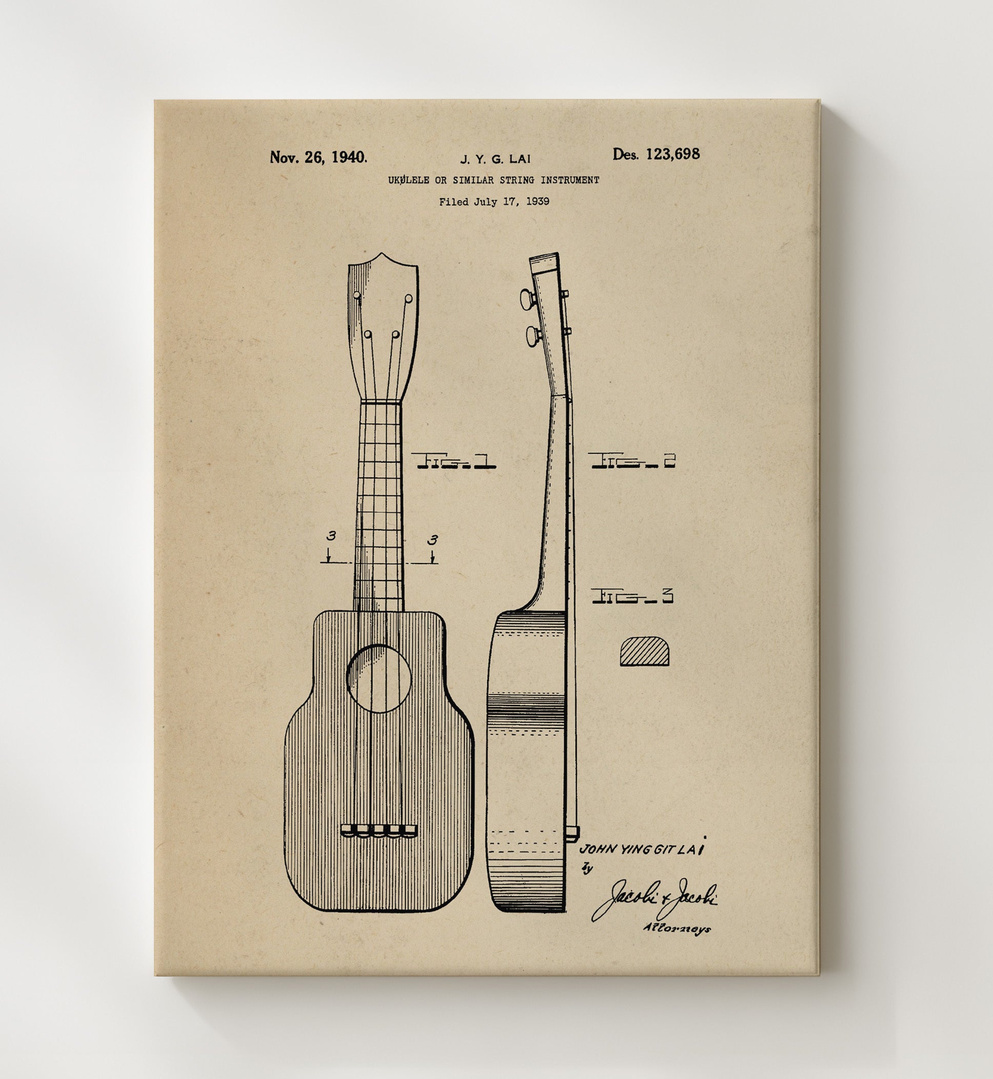 Patent Print - Ukulele - John Ying Git Lai - 1940 - Patent 123698 Patent Wall Art