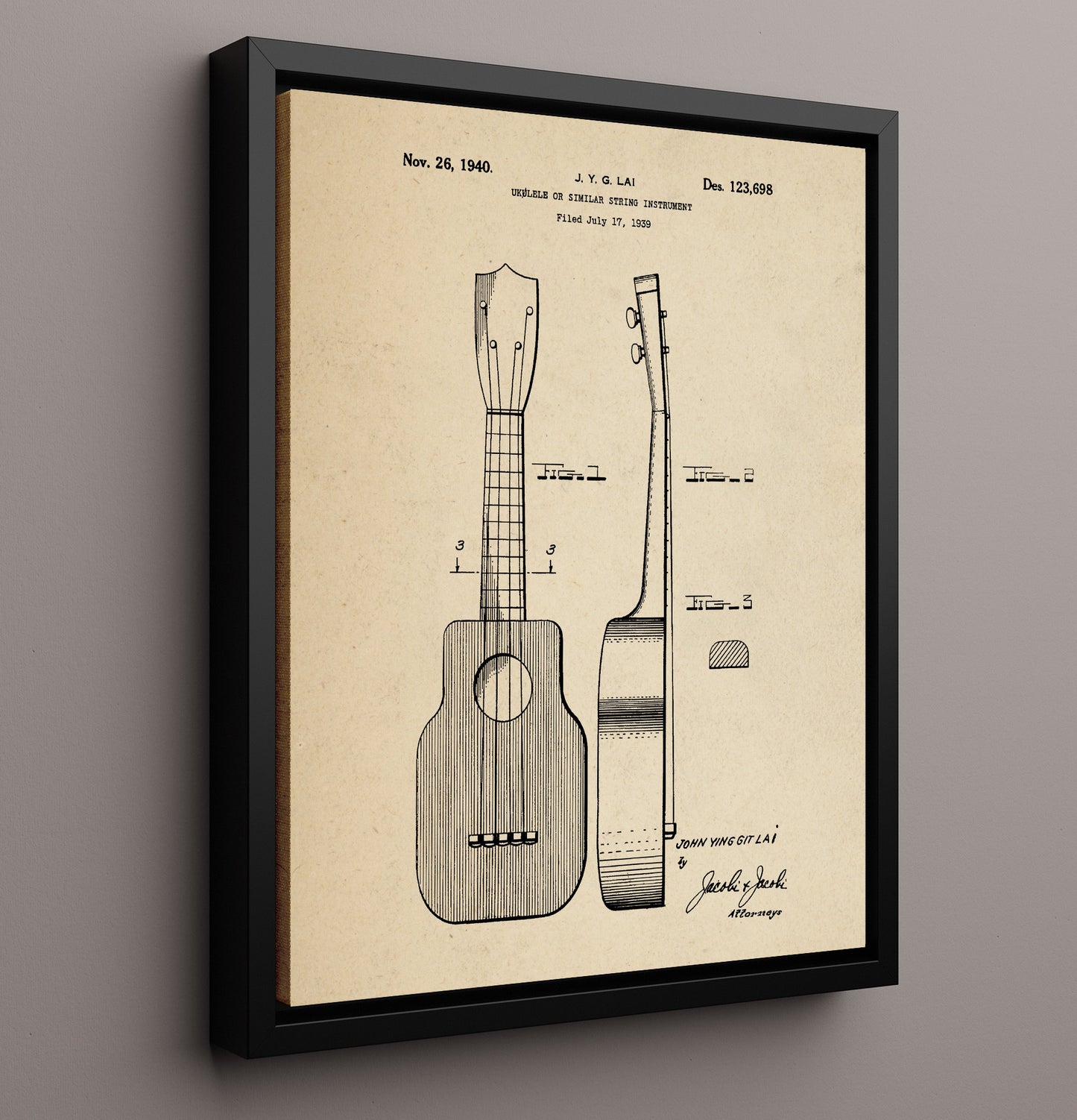 Patent Print - Ukulele - John Ying Git Lai - 1940 - Patent 123698 Patent Wall Art