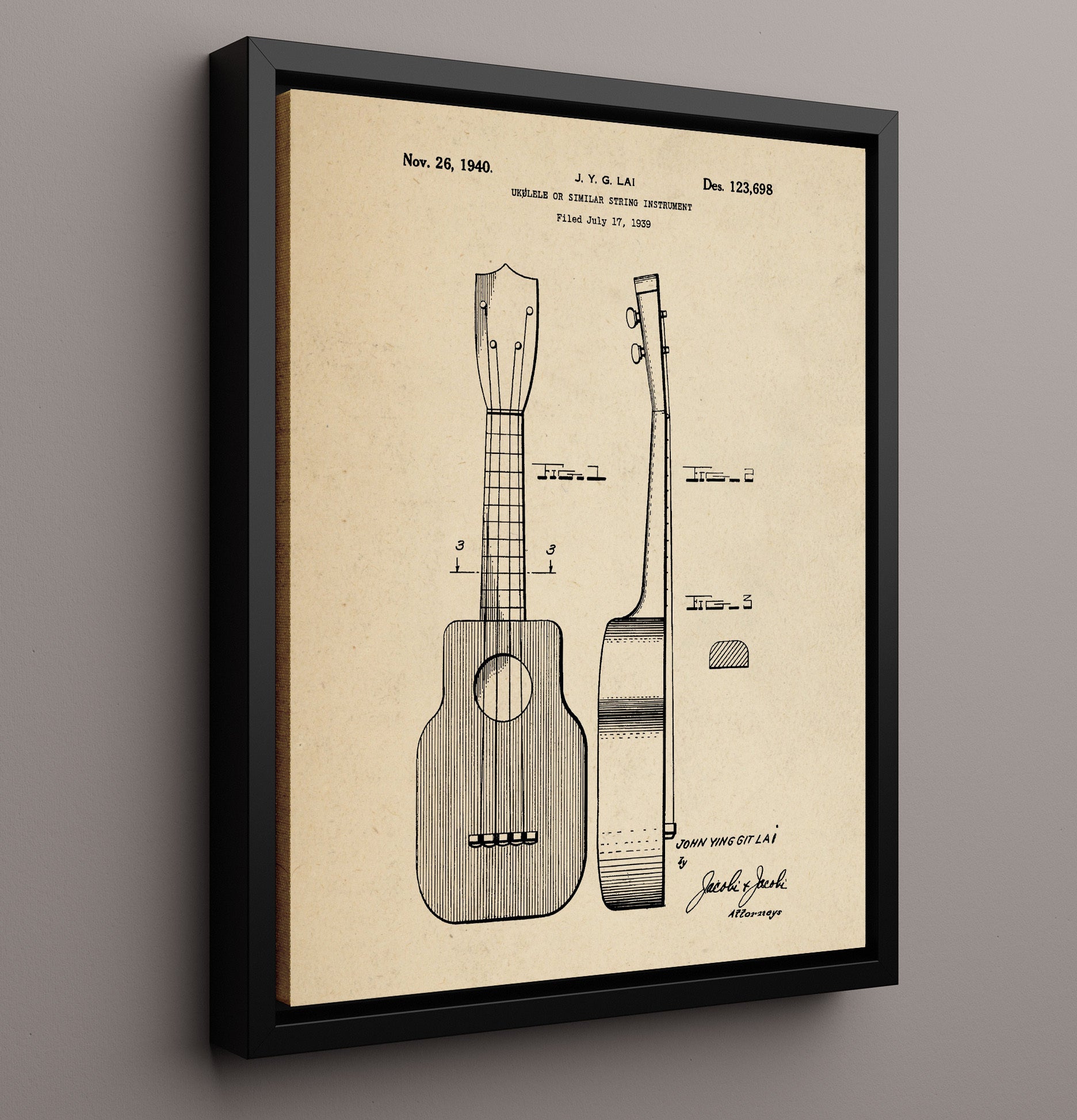 Patent Print - Ukulele - John Ying Git Lai - 1940 - Patent 123698 Patent Wall Art