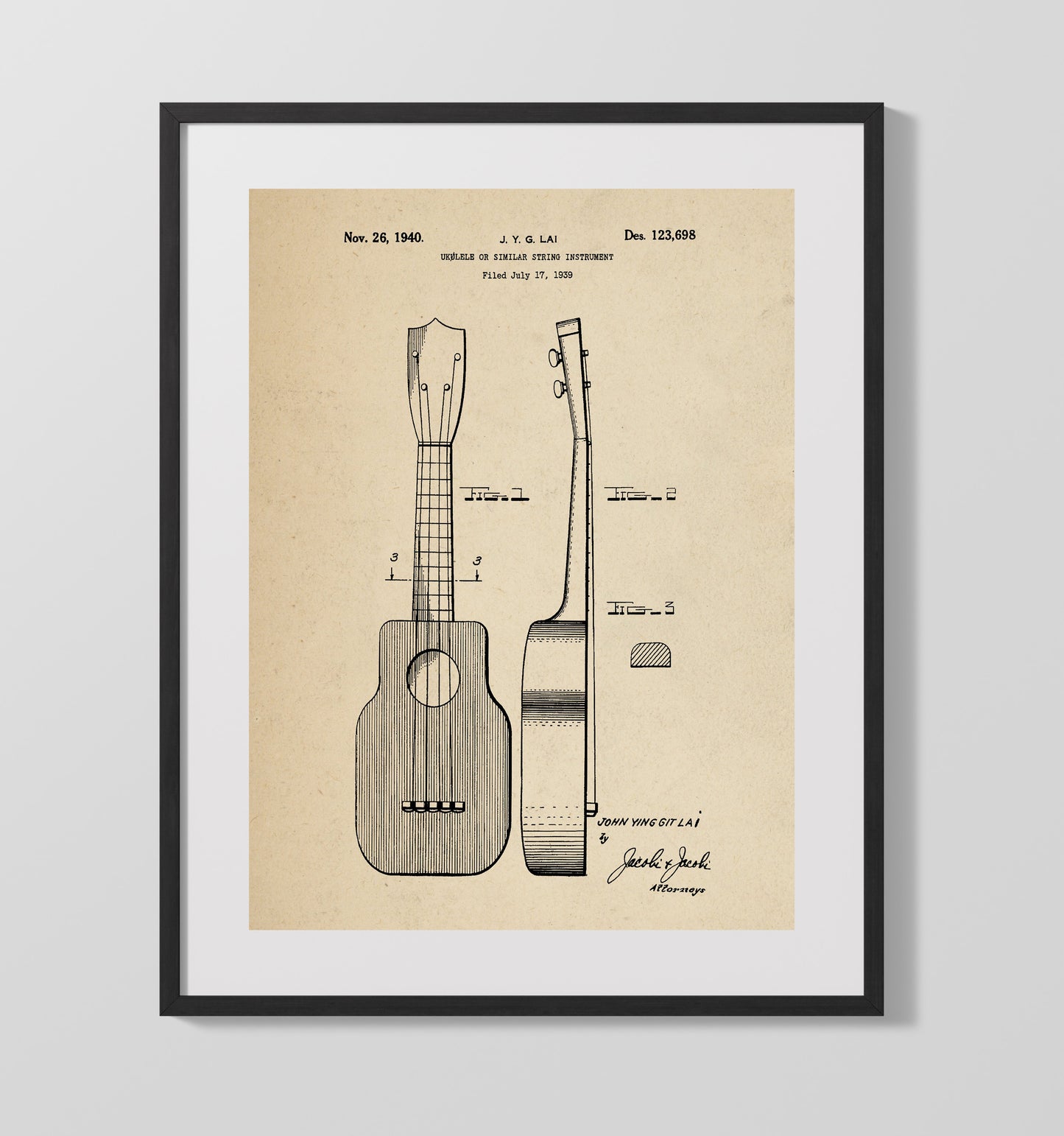 Patent Print - Ukulele - John Ying Git Lai - 1940 - Patent 123698 Patent Wall Art