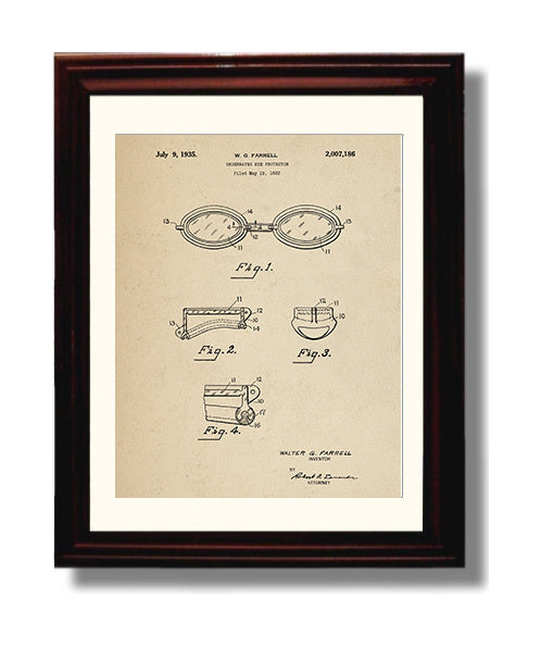 Patent Print - Underwater Eye Protector - W G Farrell - 1935 - Patent 2007186 Patent Wall Art