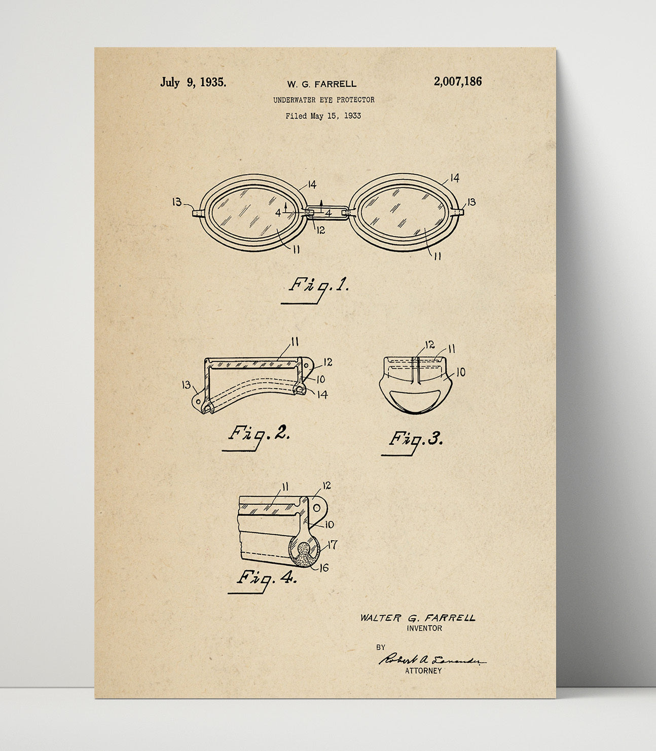 Patent Print - Underwater Eye Protector - W G Farrell - 1935 - Patent 2007186 Patent Wall Art