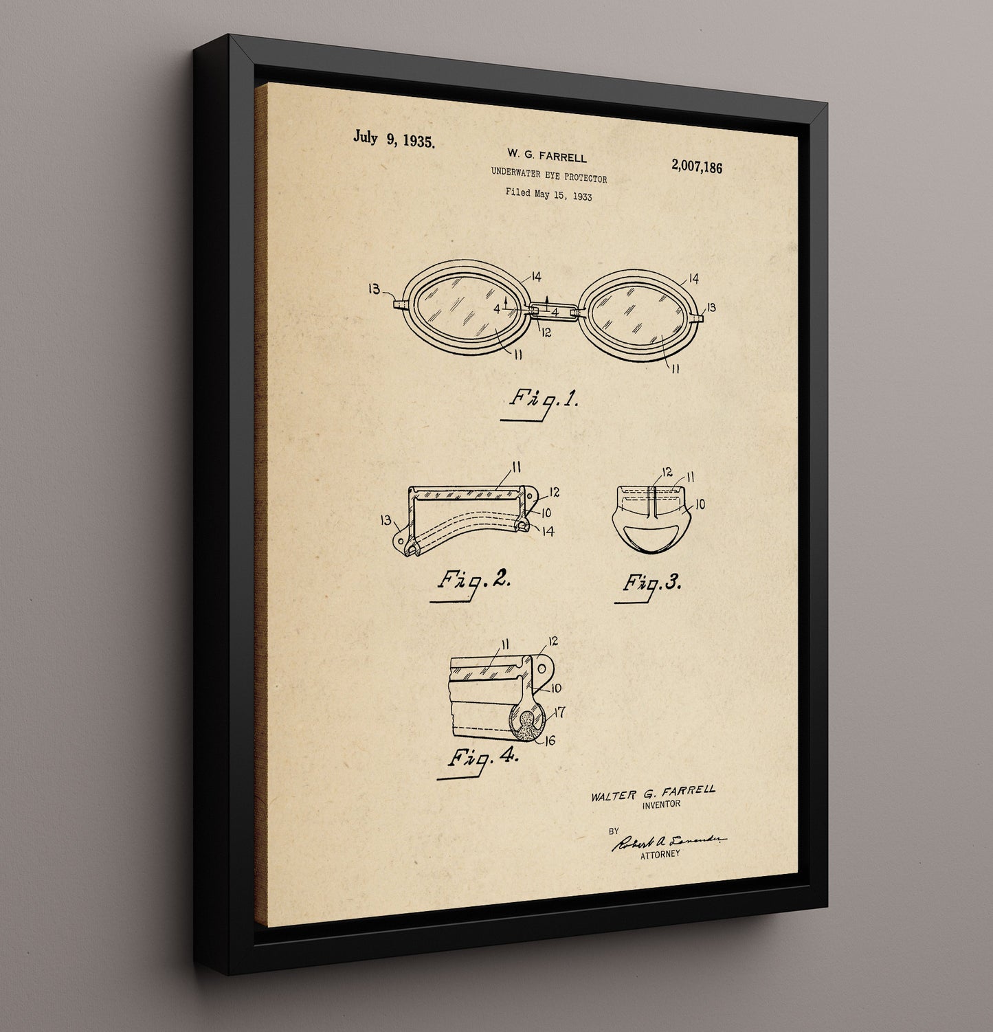 Patent Print - Underwater Eye Protector - W G Farrell - 1935 - Patent 2007186 Patent Wall Art