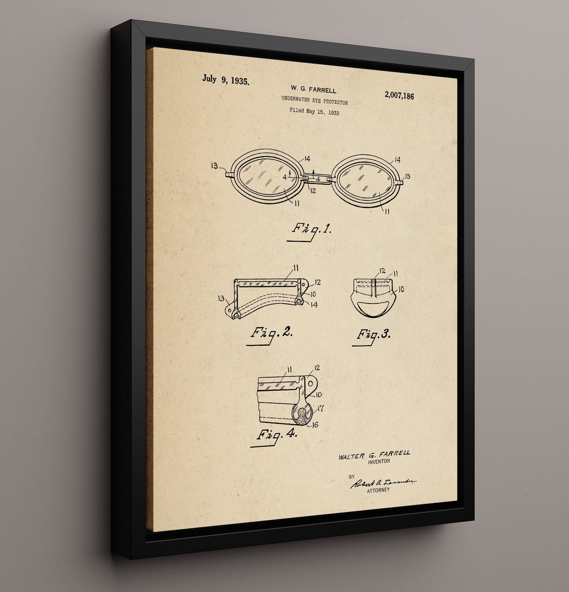 Patent Print - Underwater Eye Protector - W G Farrell - 1935 - Patent 2007186 Patent Wall Art