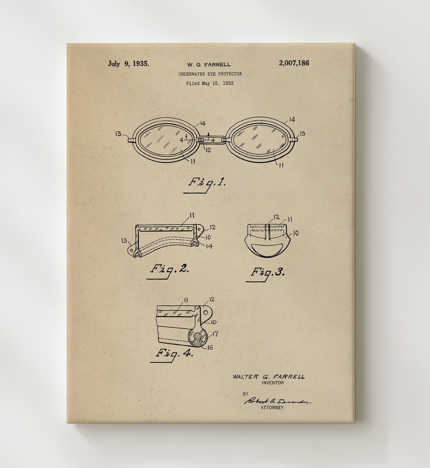 Patent Print - Underwater Eye Protector - W G Farrell - 1935 - Patent 2007186 Patent Wall Art