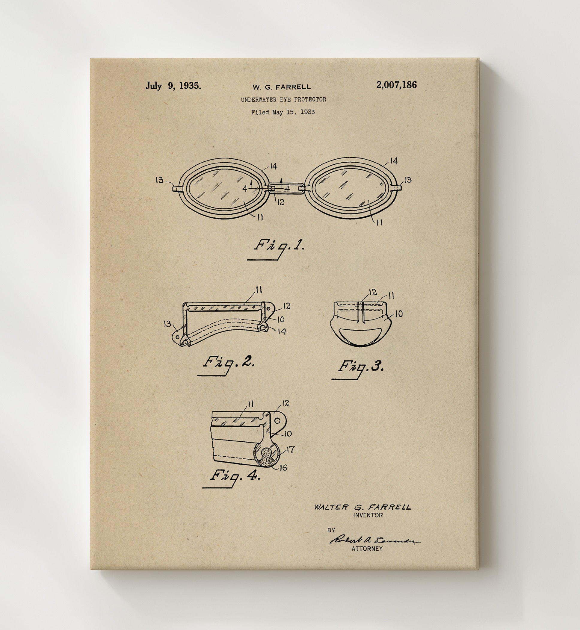 Patent Print - Underwater Eye Protector - W G Farrell - 1935 - Patent 2007186 Patent Wall Art