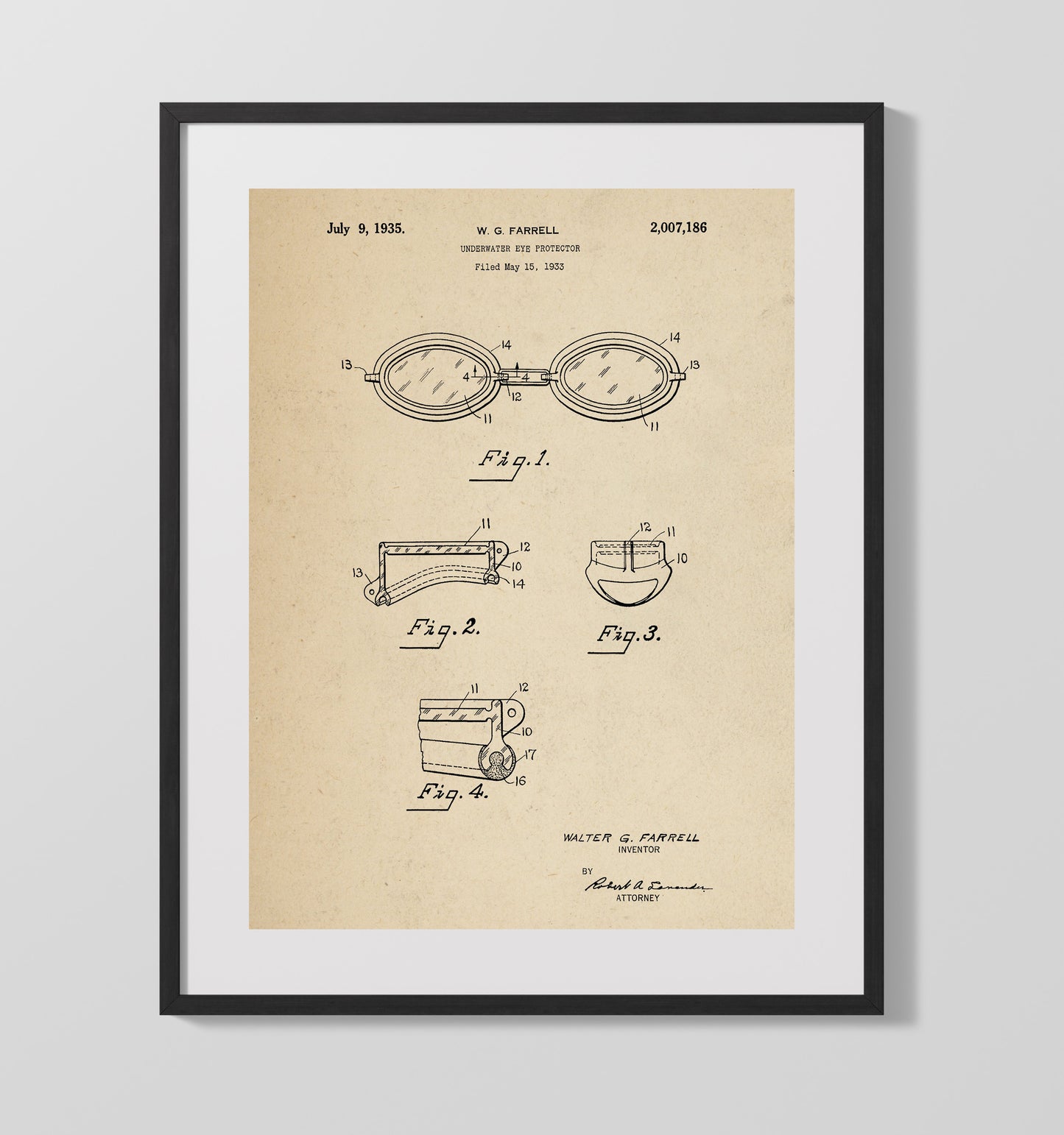 Patent Print - Underwater Eye Protector - W G Farrell - 1935 - Patent 2007186 Patent Wall Art