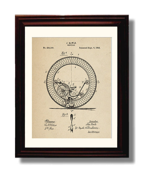 Patent Print - Unicycle - John Rawle - 1892 - Patent 482100 Patent Wall Art