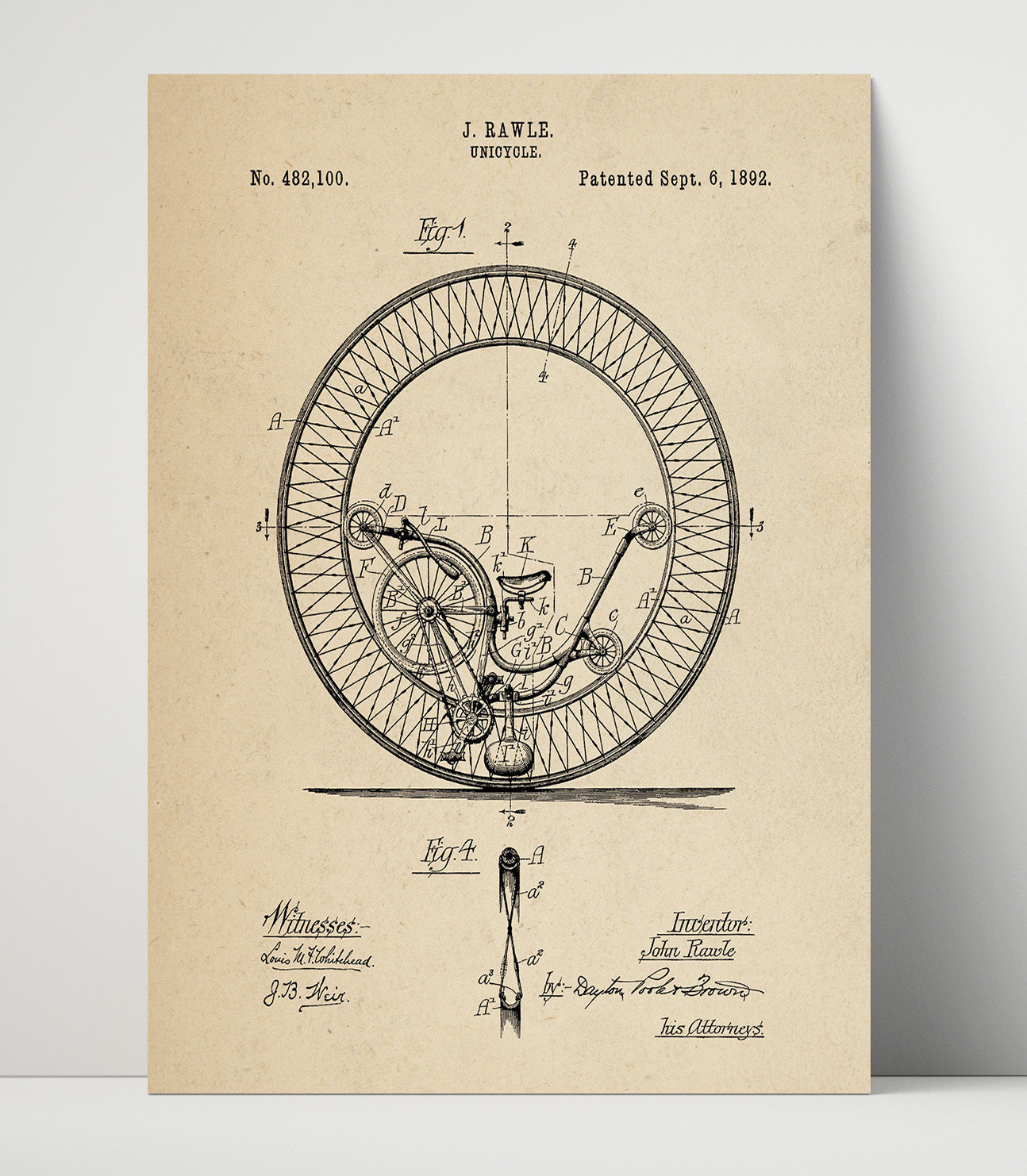 Patent Print - Unicycle - John Rawle - 1892 - Patent 482100 Patent Wall Art