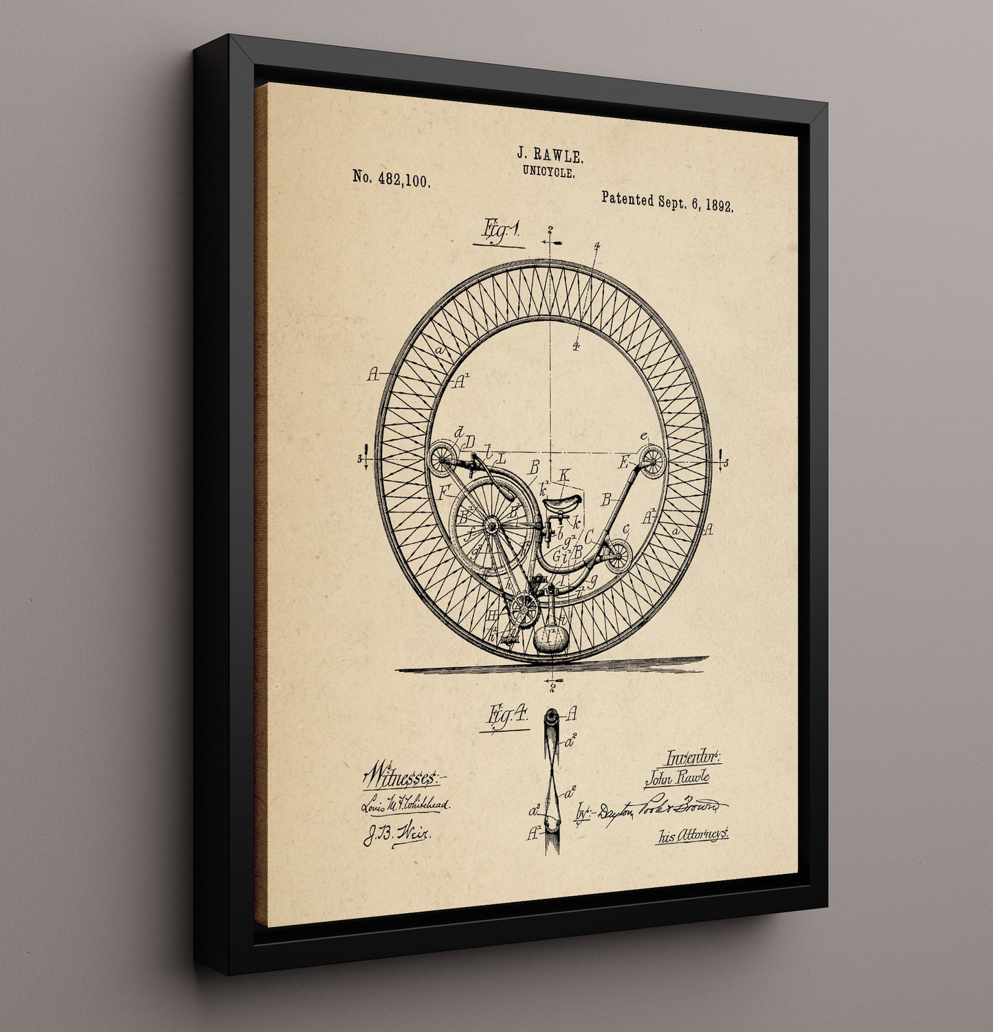 Patent Print - Unicycle - John Rawle - 1892 - Patent 482100 Patent Wall Art
