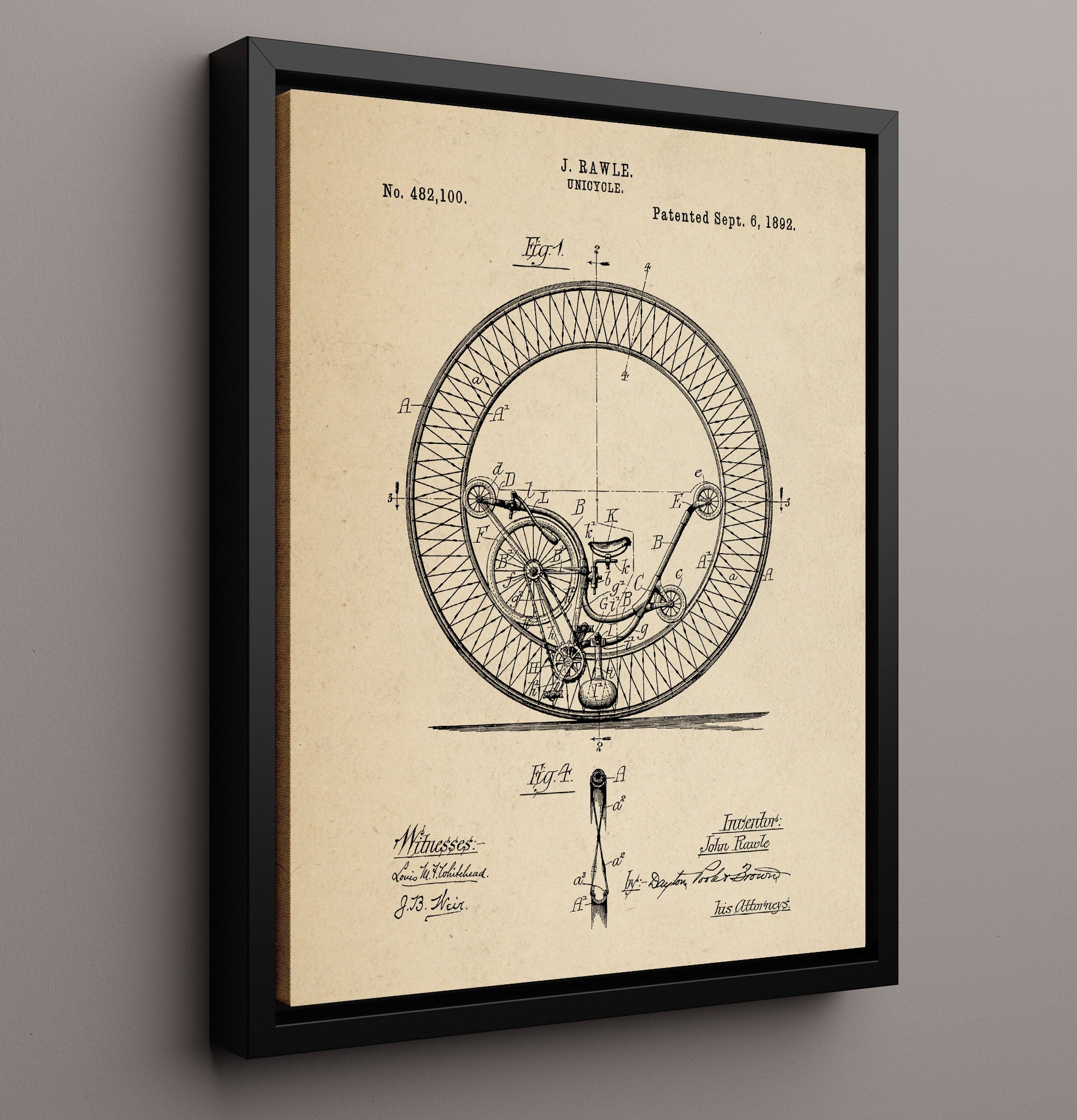 Patent Print - Unicycle - John Rawle - 1892 - Patent 482100 Patent Wall Art