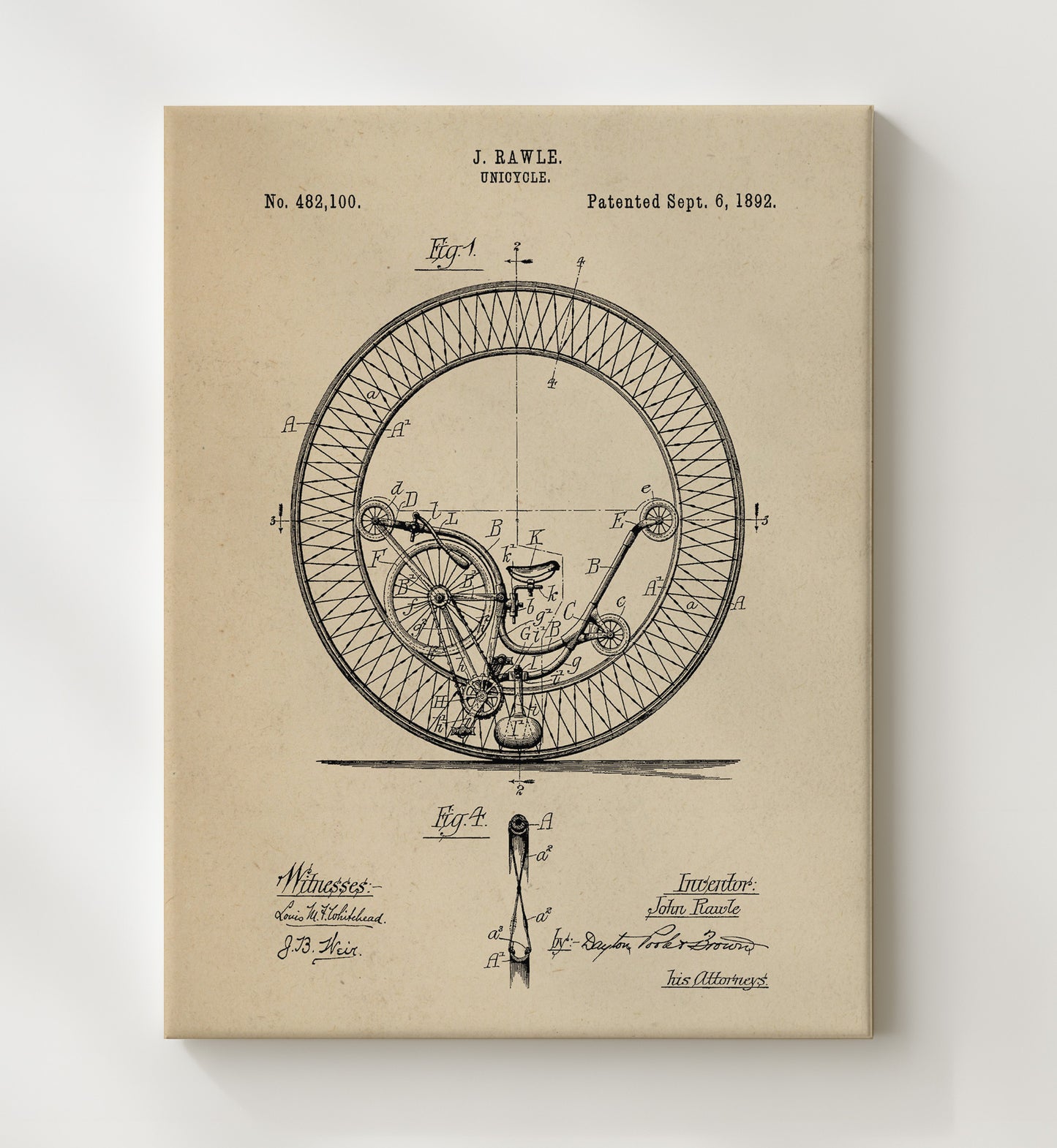 Patent Print - Unicycle - John Rawle - 1892 - Patent 482100 Patent Wall Art