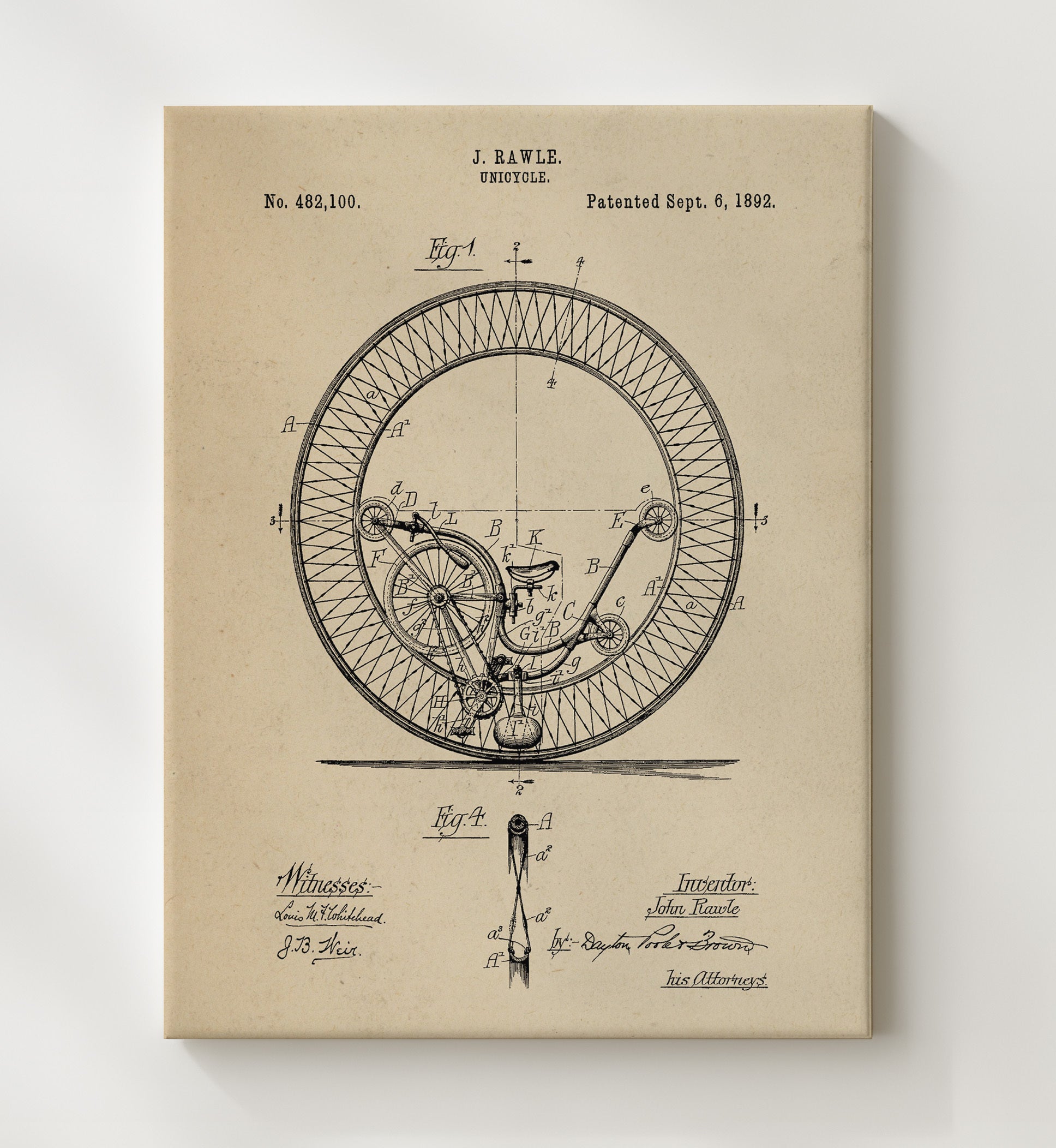 Patent Print - Unicycle - John Rawle - 1892 - Patent 482100 Patent Wall Art