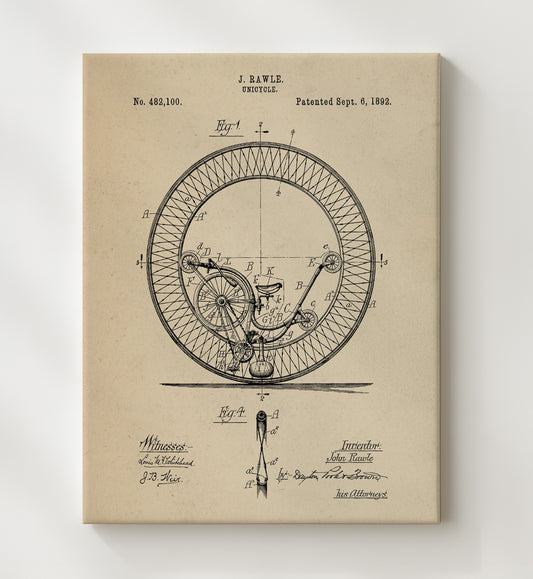 Unicycle 1892 patent print wall art 8x10 Canvas