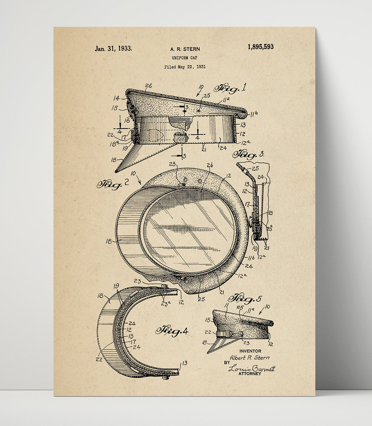 Patent Print - Uniform Cap - A. R. Stern - 1933 - Patent 1895593 Patent Wall Art