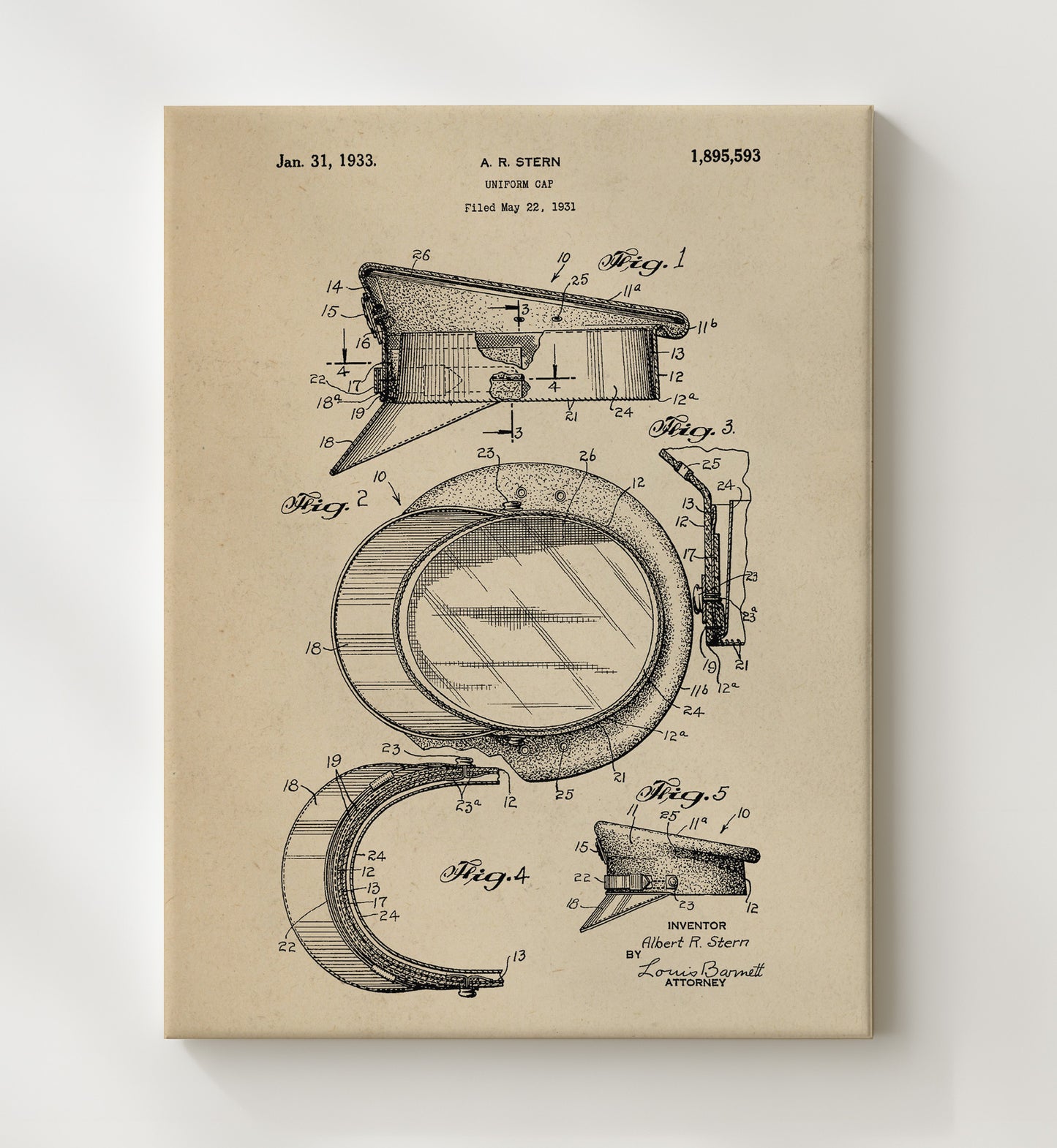 Patent Print - Uniform Cap - A. R. Stern - 1933 - Patent 1895593 Patent Wall Art