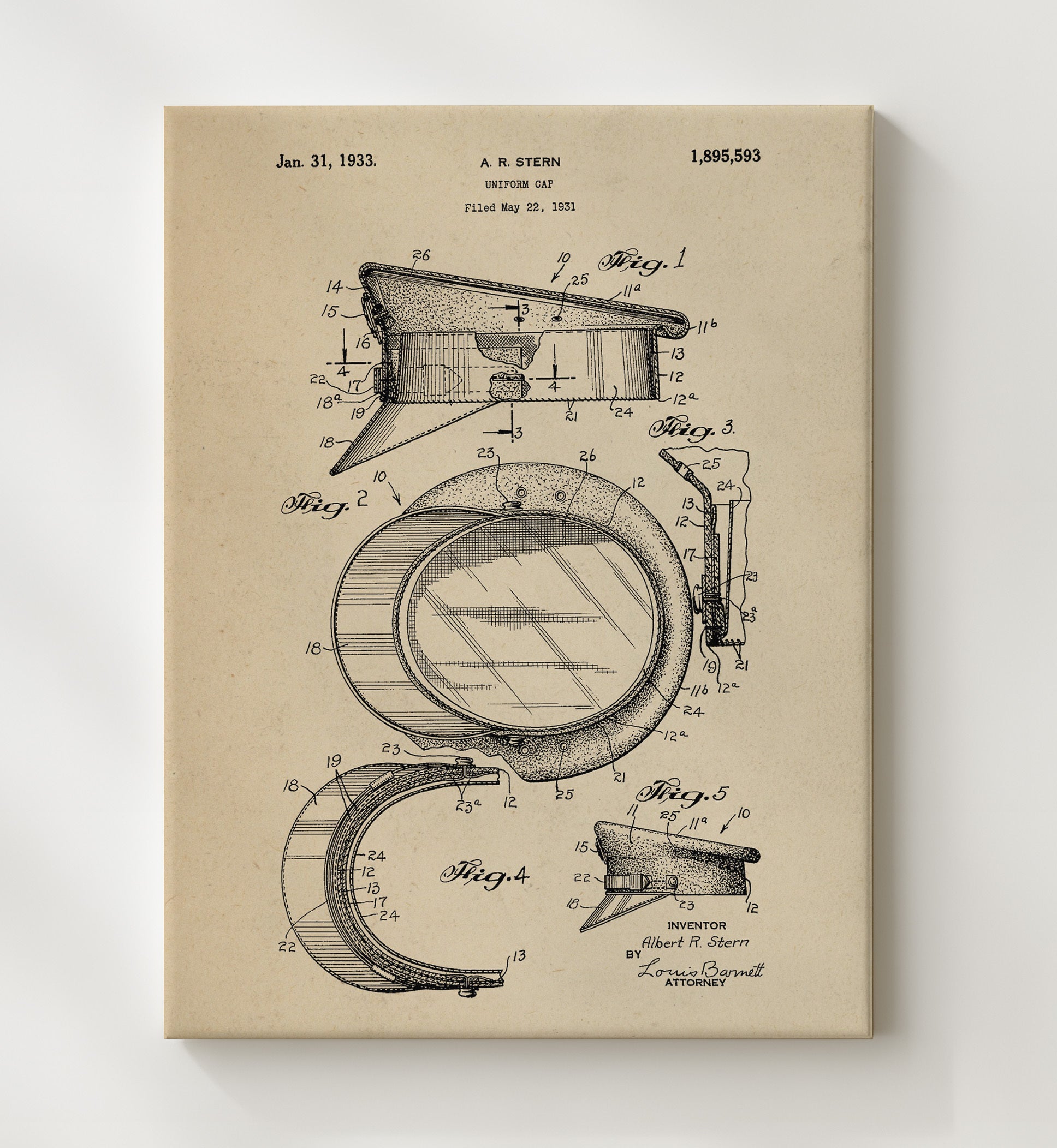 Patent Print - Uniform Cap - A. R. Stern - 1933 - Patent 1895593 Patent Wall Art