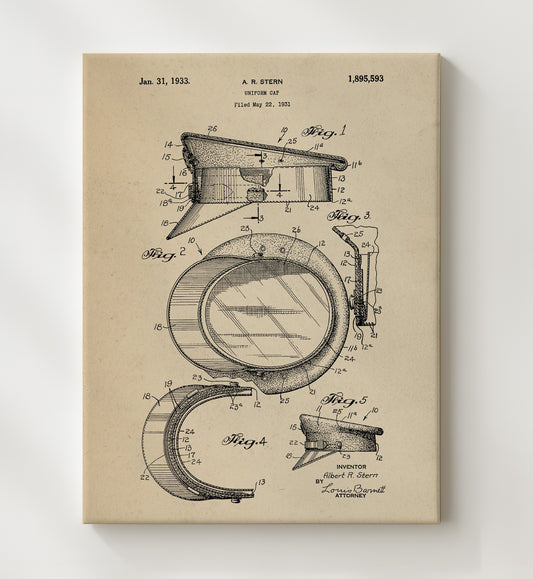 Uniform Cap 1933 patent print wall art 8x10 Canvas