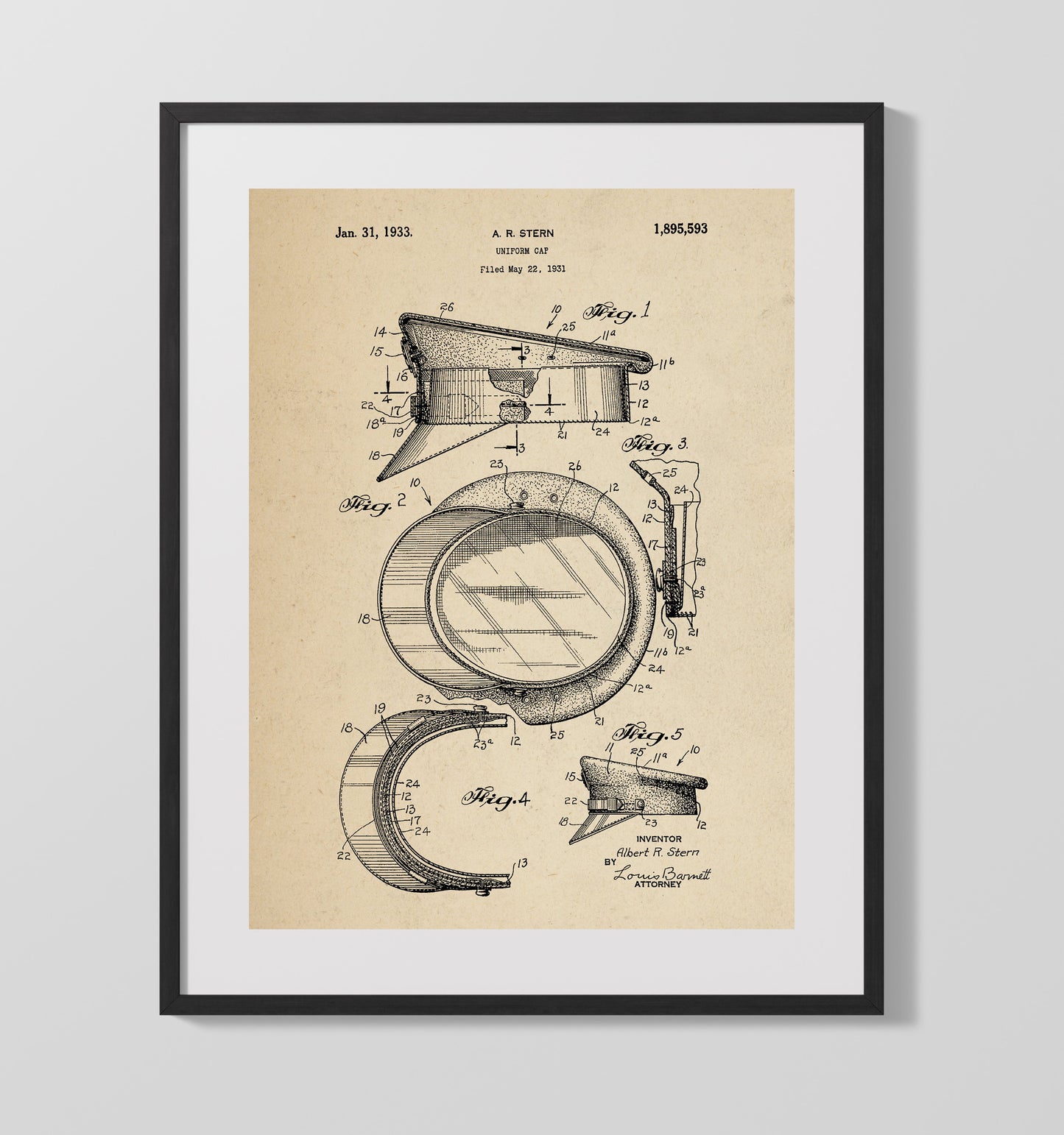 Patent Print - Uniform Cap - A. R. Stern - 1933 - Patent 1895593 Patent Wall Art