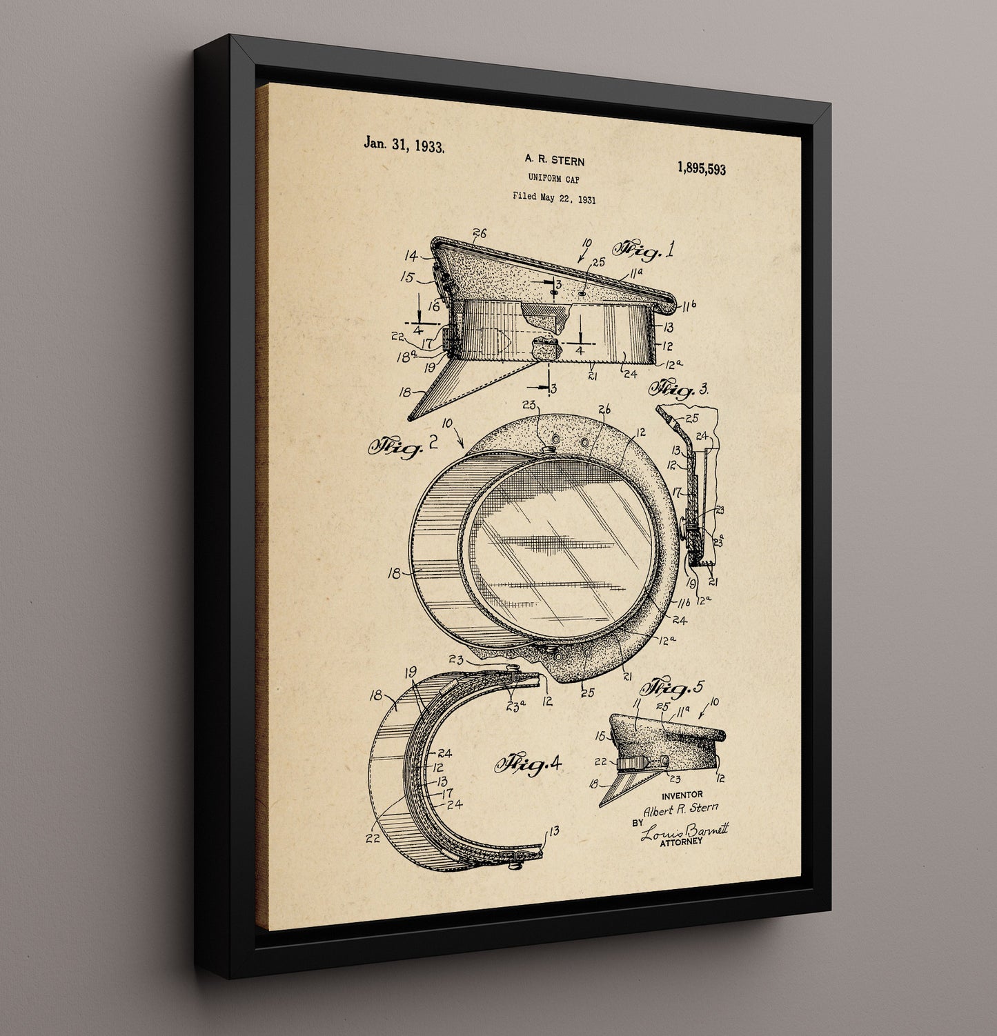 Patent Print - Uniform Cap - A. R. Stern - 1933 - Patent 1895593 Patent Wall Art