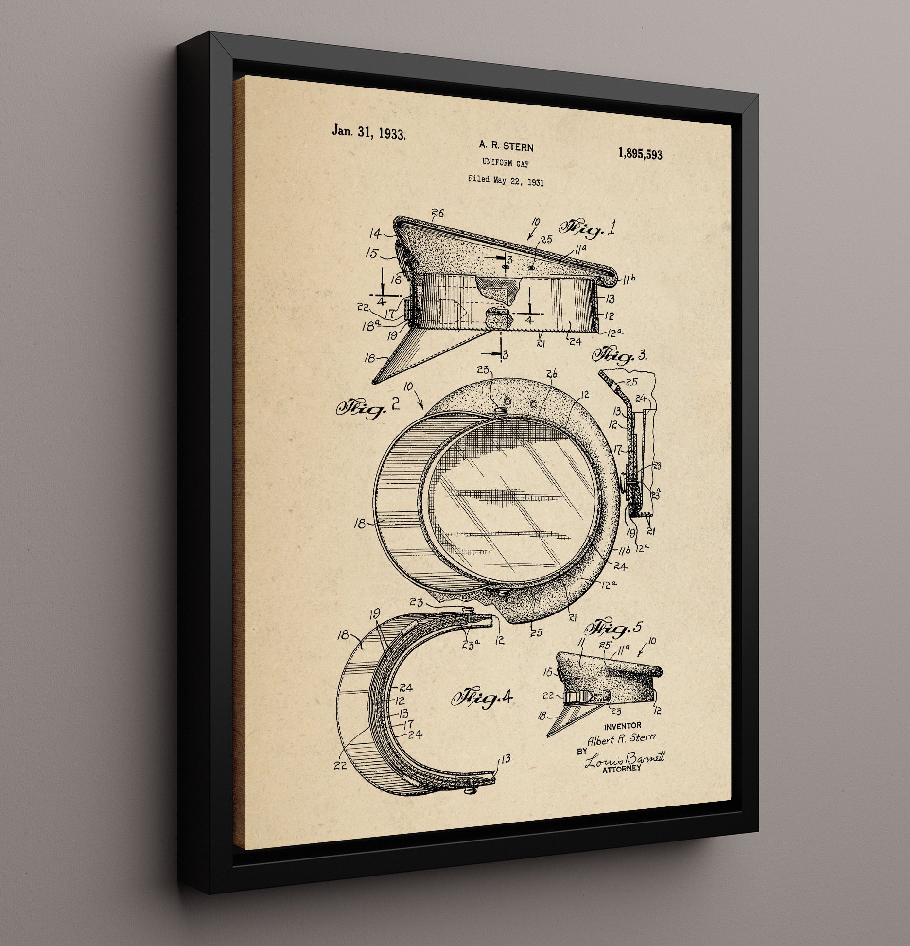 Patent Print - Uniform Cap - A. R. Stern - 1933 - Patent 1895593 Patent Wall Art