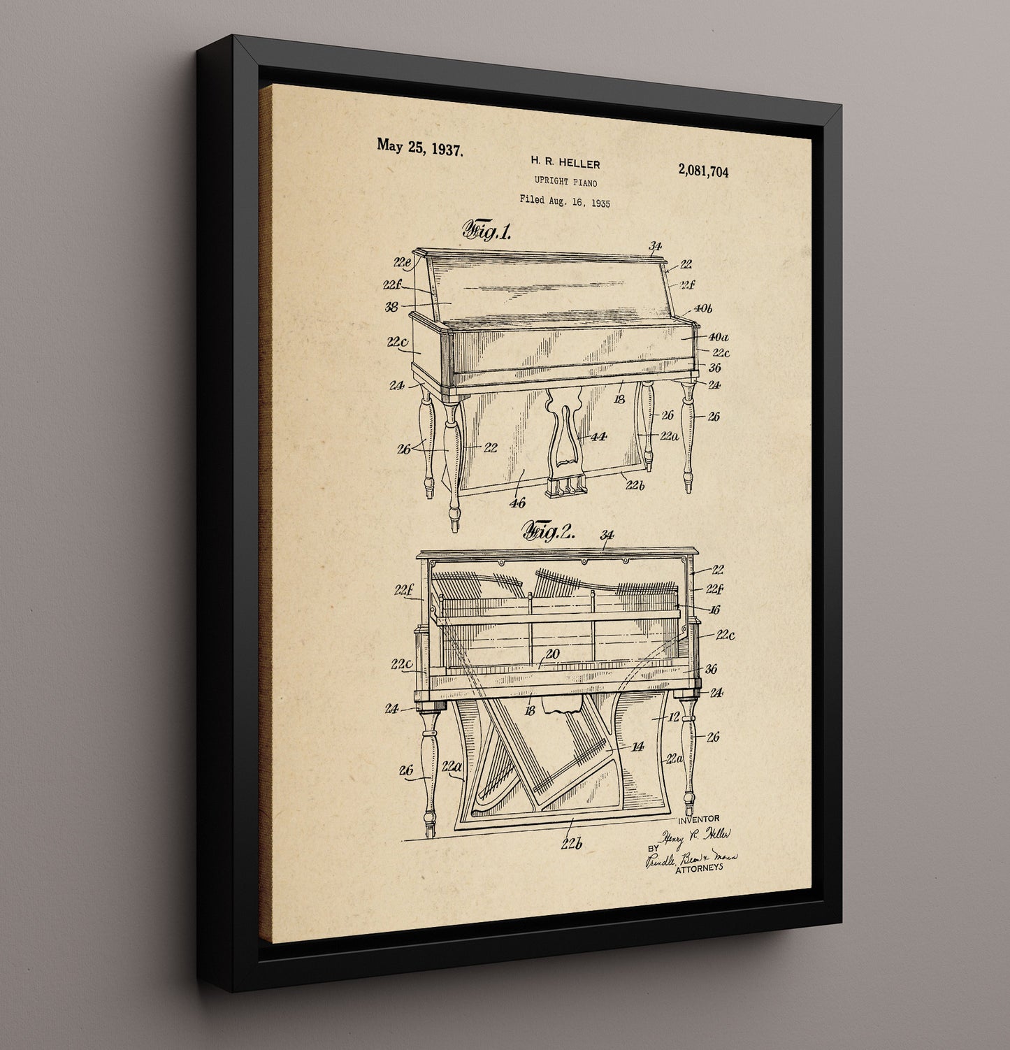 Patent Print - Upright Piano - H. R. Heller - 1937 - Patent 2081704 Patent Wall Art