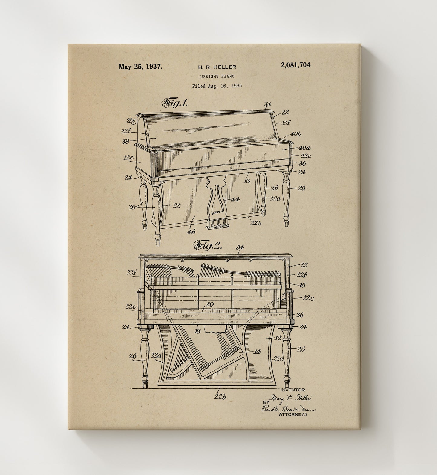 Patent Print - Upright Piano - H. R. Heller - 1937 - Patent 2081704 Patent Wall Art
