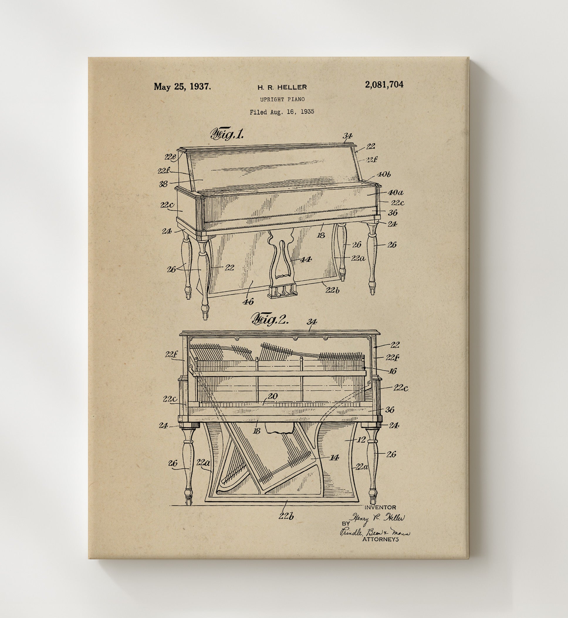 Patent Print - Upright Piano - H. R. Heller - 1937 - Patent 2081704 Patent Wall Art