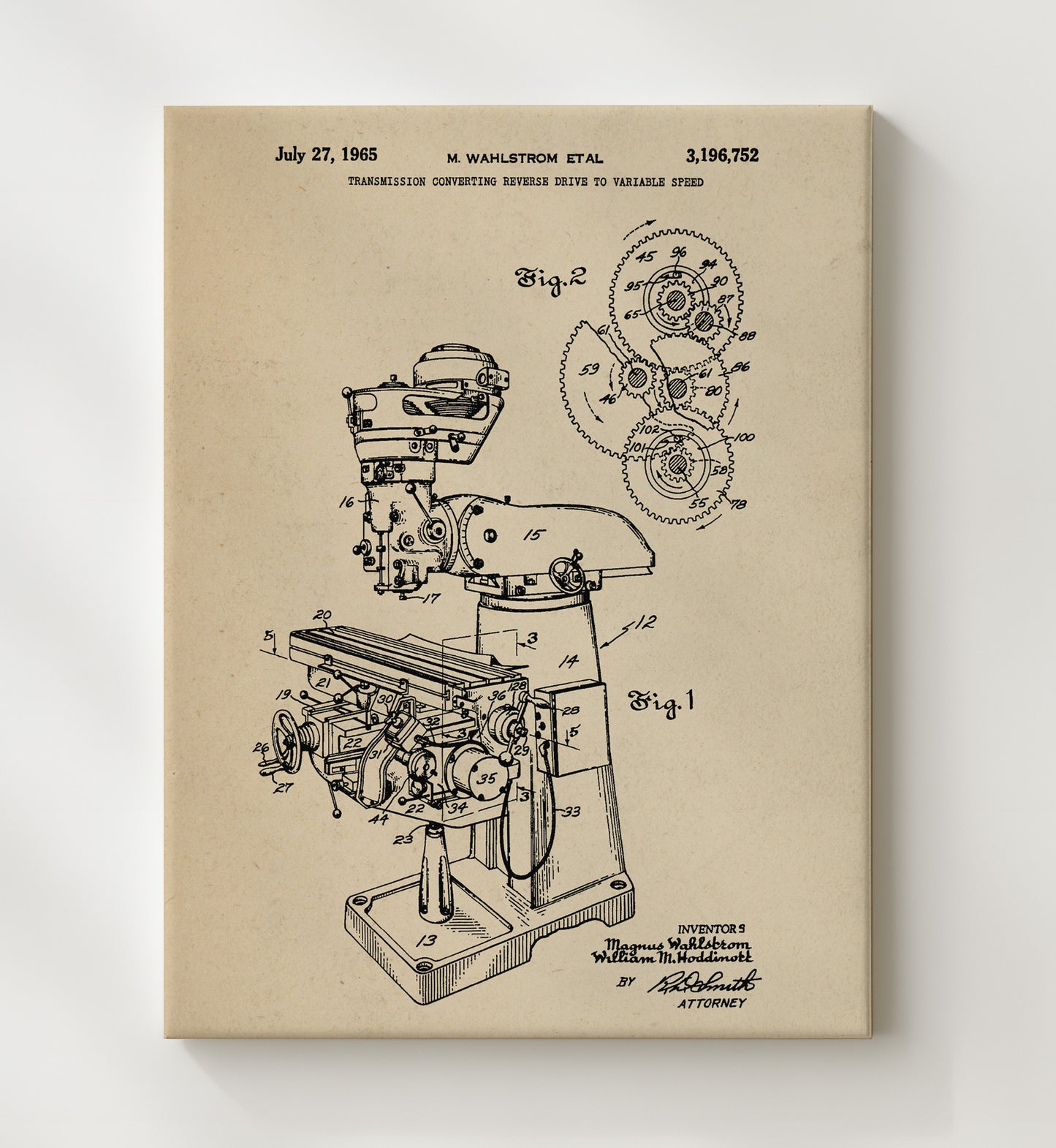 Patent Print - Variable Speed Milling Machine Transmission - Magnus Wahlstrom - 1965 - Patent 3196752 Patent Wall Art