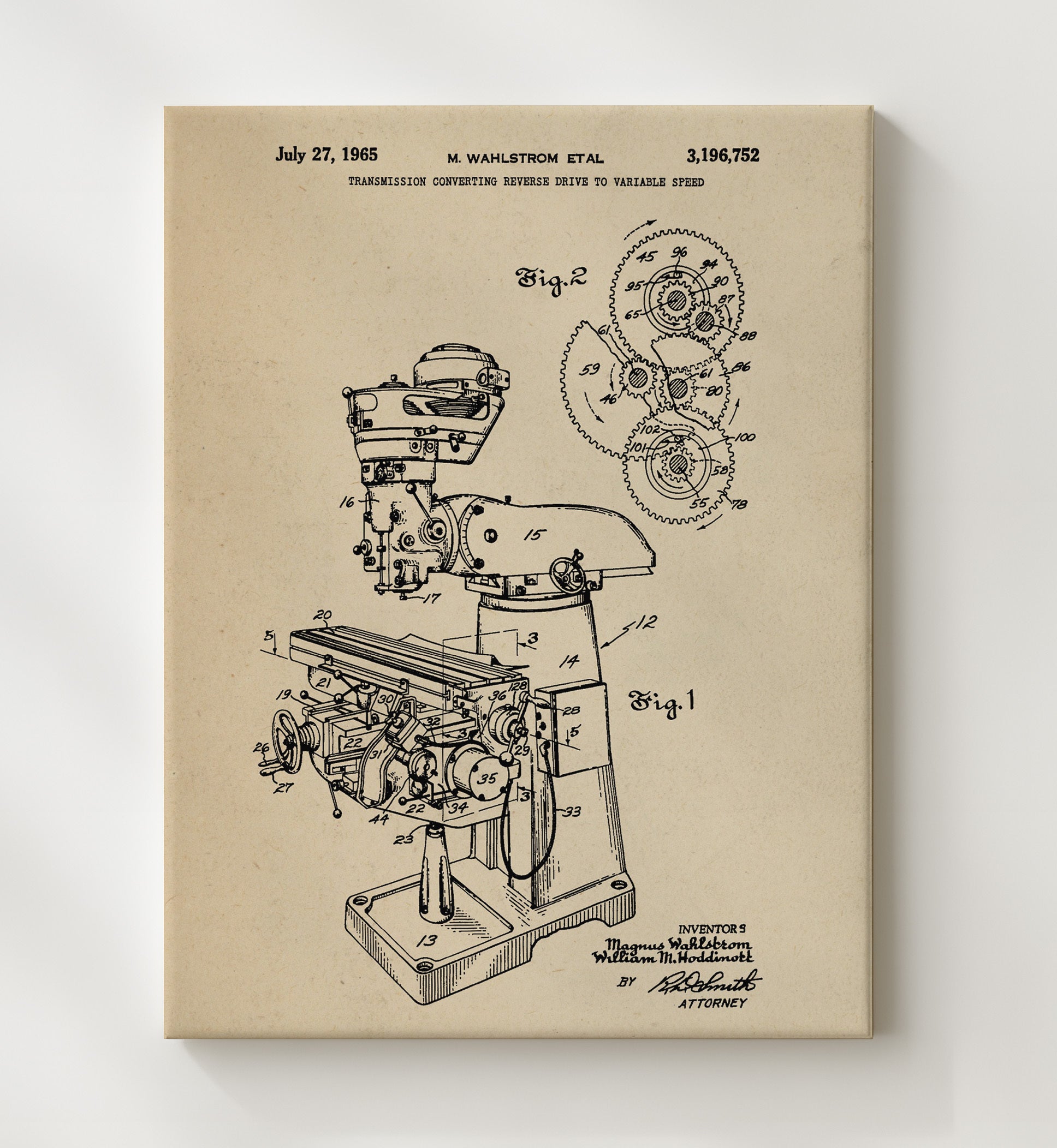 Patent Print - Variable Speed Milling Machine Transmission - Magnus Wahlstrom - 1965 - Patent 3196752 Patent Wall Art
