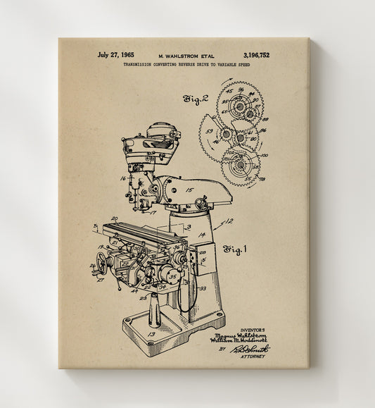 Variable Speed Milling Machine Transmission 1965 patent print wall art 8x10 Canvas