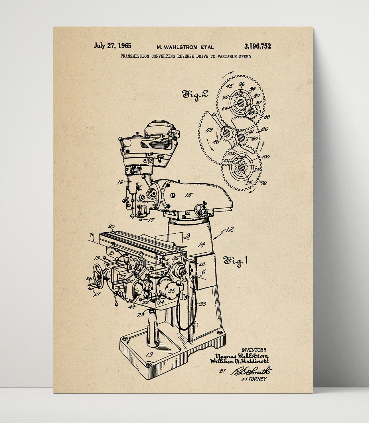 Patent Print - Variable Speed Milling Machine Transmission - Magnus Wahlstrom - 1965 - Patent 3196752 Patent Wall Art