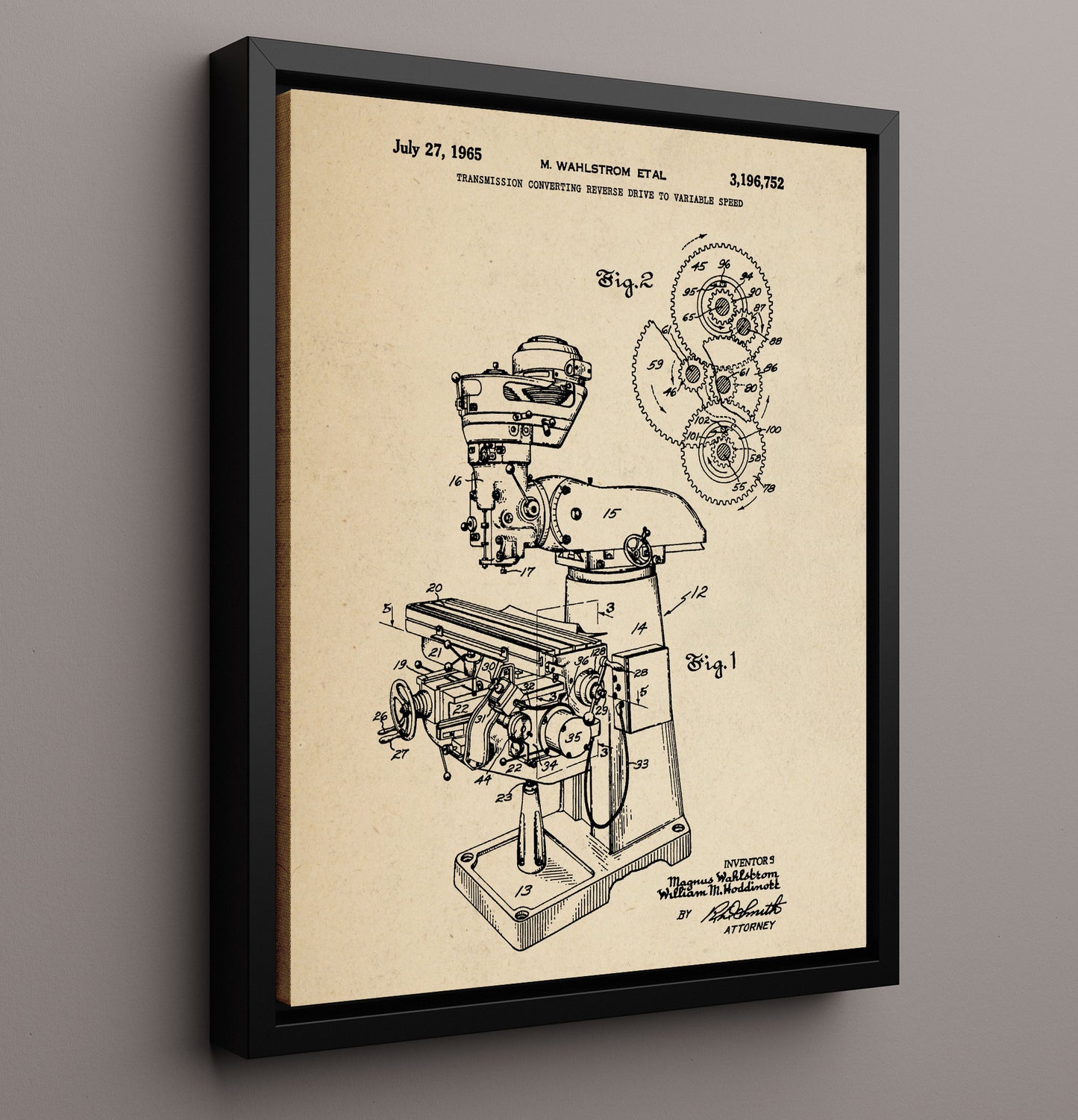 Patent Print - Variable Speed Milling Machine Transmission - Magnus Wahlstrom - 1965 - Patent 3196752 Patent Wall Art