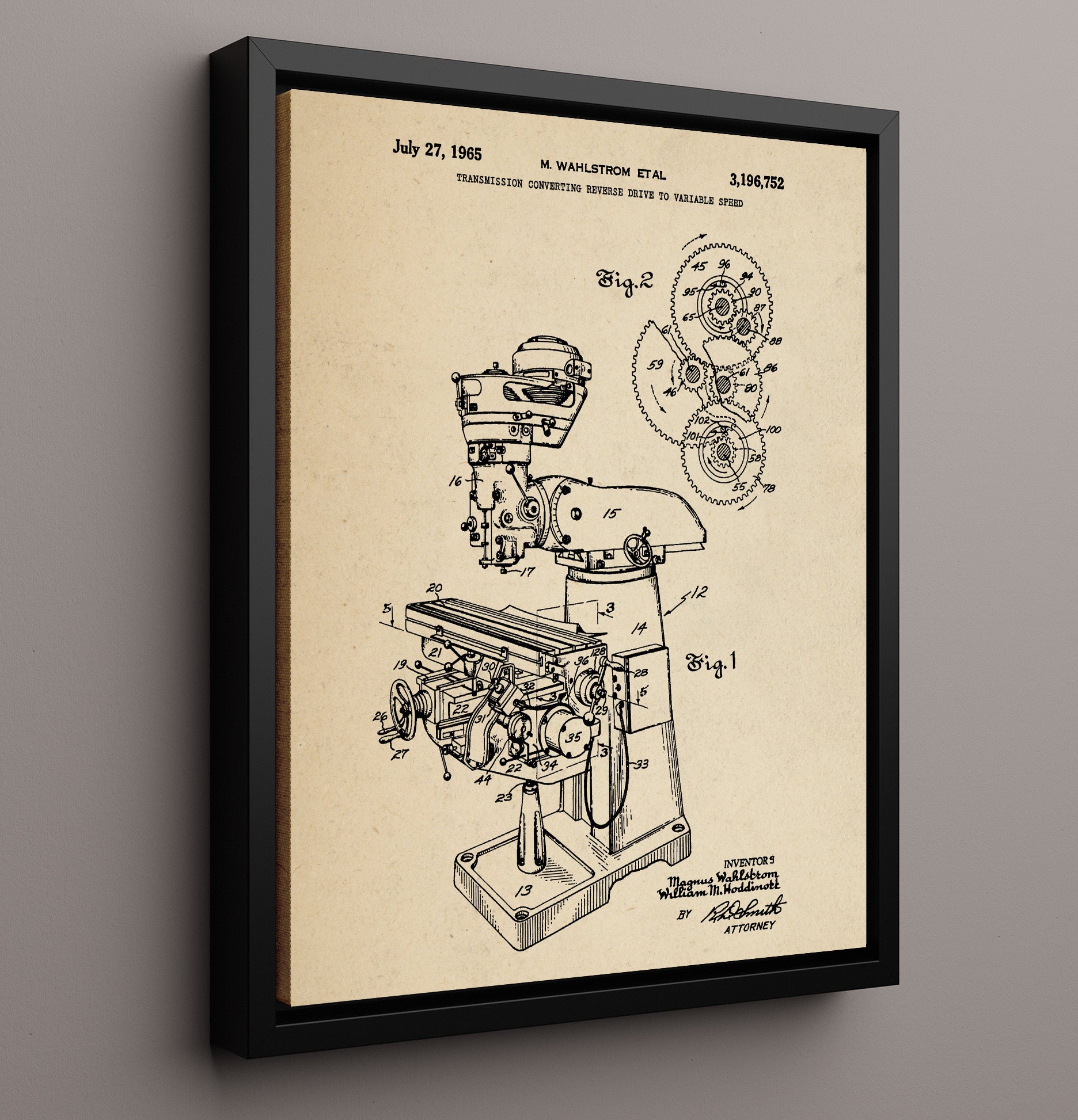 Patent Print - Variable Speed Milling Machine Transmission - Magnus Wahlstrom - 1965 - Patent 3196752 Patent Wall Art