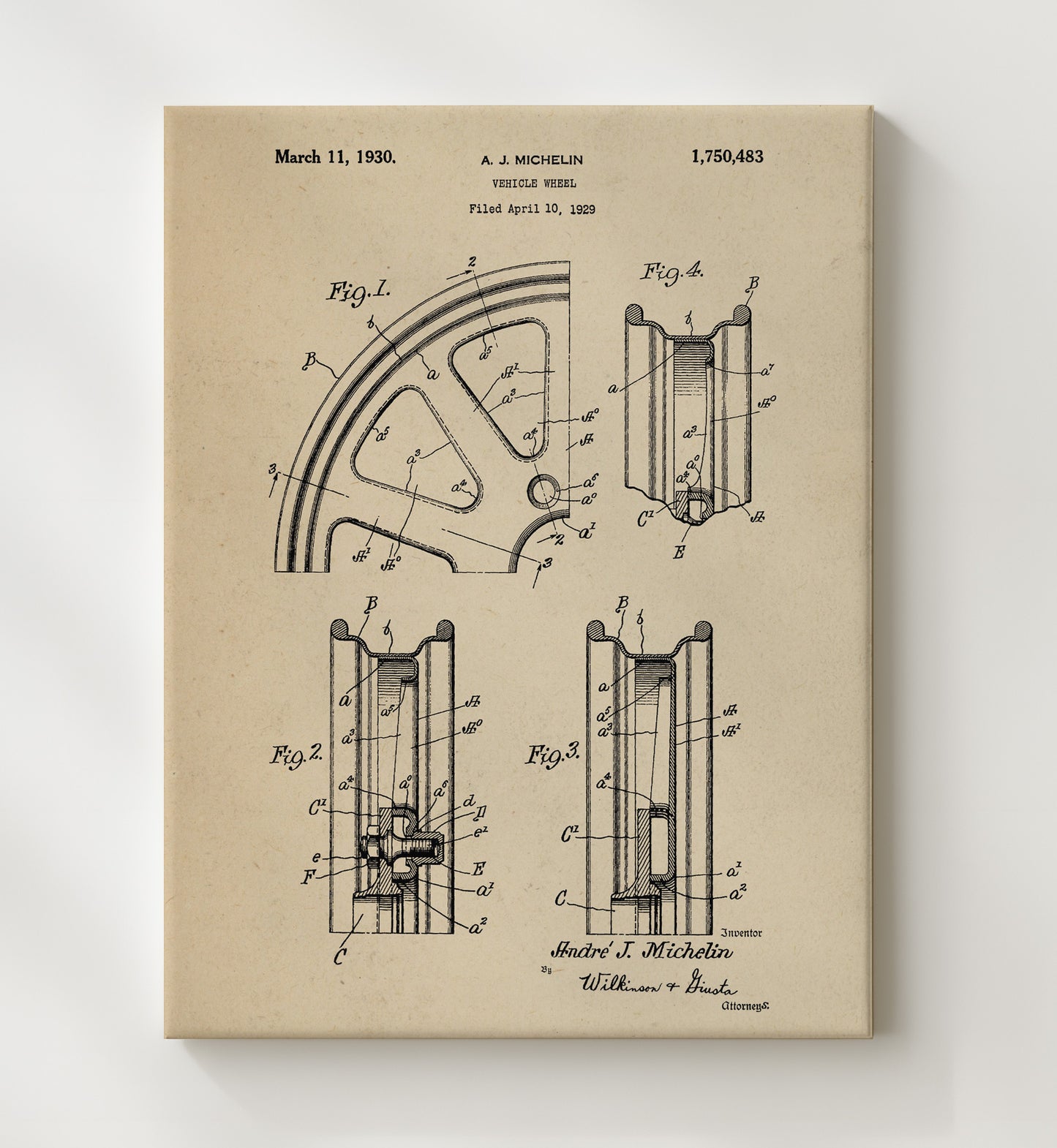 Patent Print - Vehicle Wheel - Andre J Michelin - 1930 - Patent 1750483 Patent Wall Art