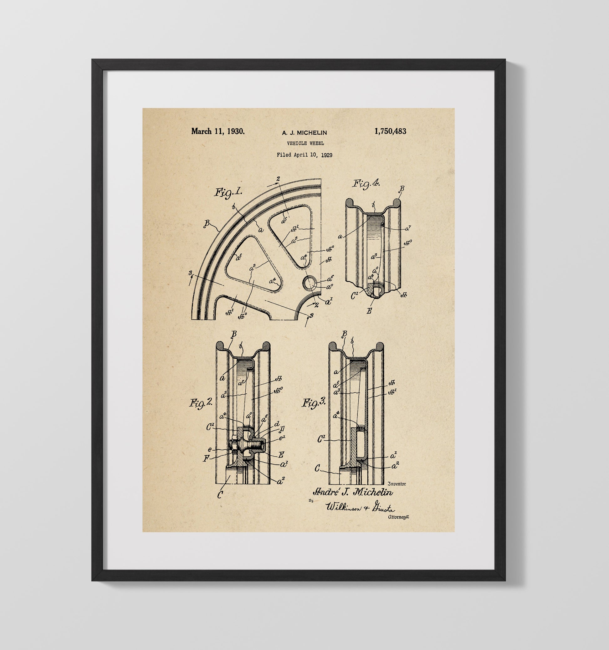 Patent Print - Vehicle Wheel - Andre J Michelin - 1930 - Patent 1750483 Patent Wall Art