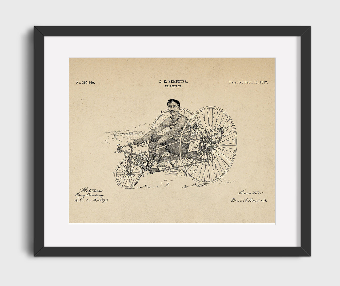 Patent Print - Velocipede - Daniel E Kempster - 1887 - Patent 369860 - Landscape Patent Wall Art