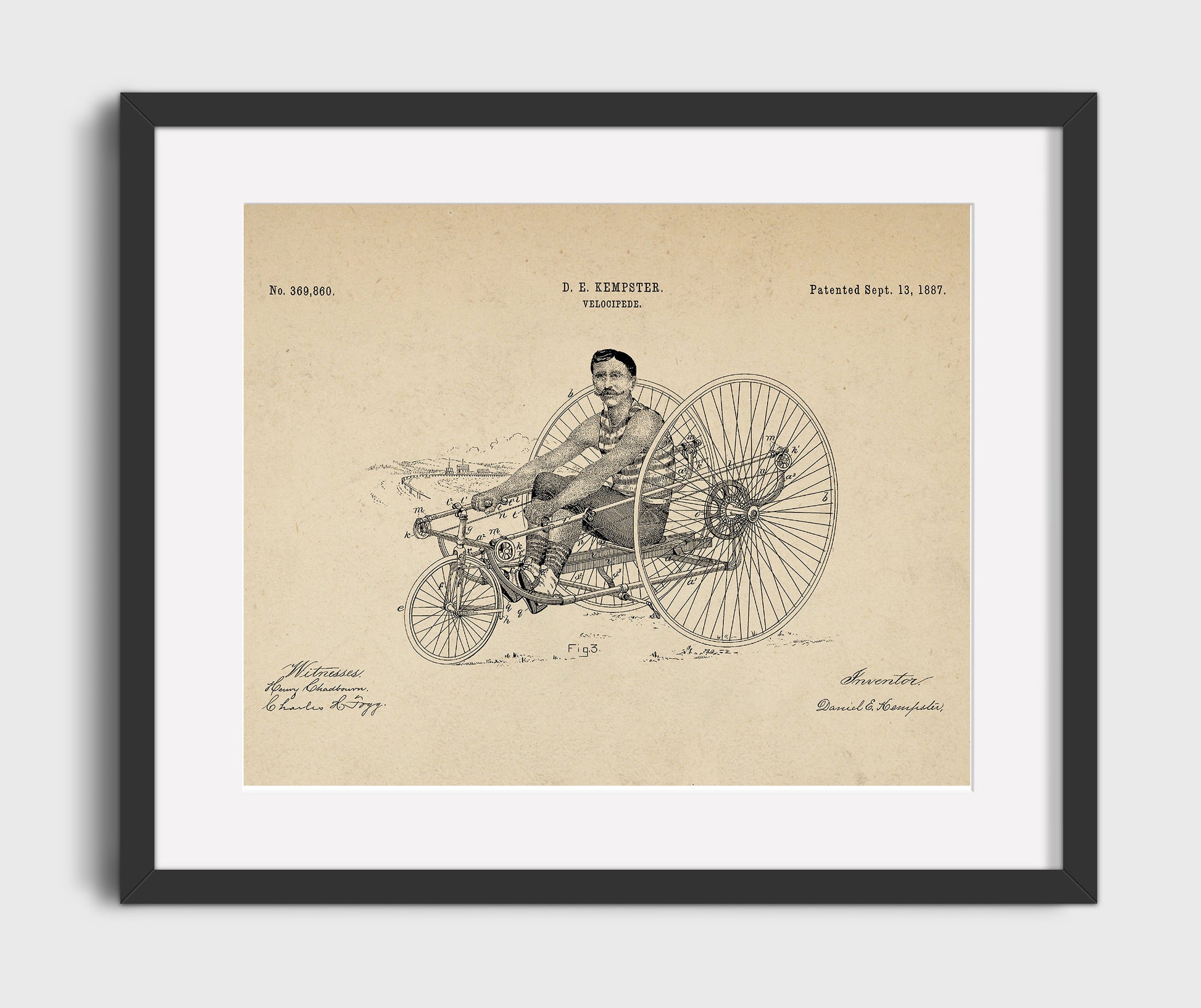 Patent Print - Velocipede - Daniel E Kempster - 1887 - Patent 369860 - Landscape Patent Wall Art